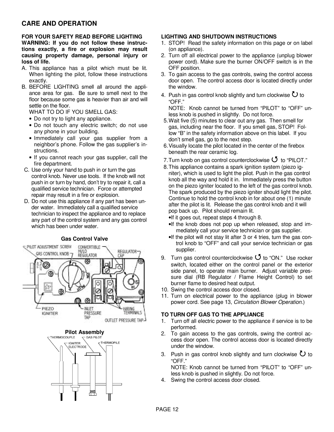 Lenoxx Electronics L30 BF-2 Care and Operation, Gas Control Valve Pilot Assembly, Lighting and Shutdown Instructions 