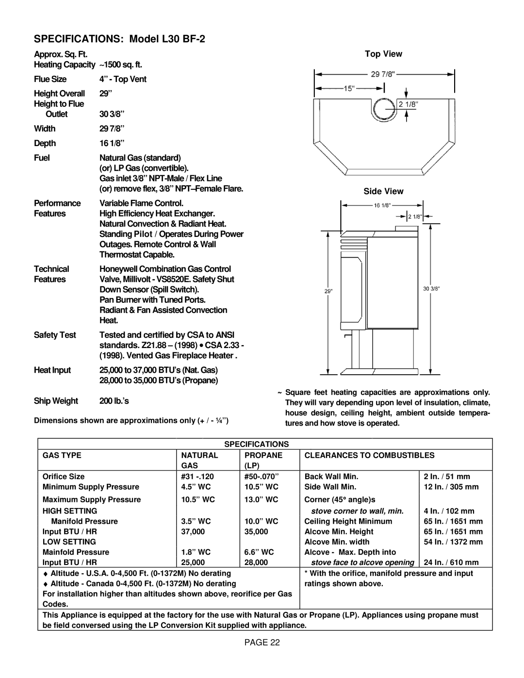 Lenoxx Electronics L30 BF-2 Outages. Remote Control & Wall, Thermostat Capable, Technical, Down Sensor Spill Switch, Heat 