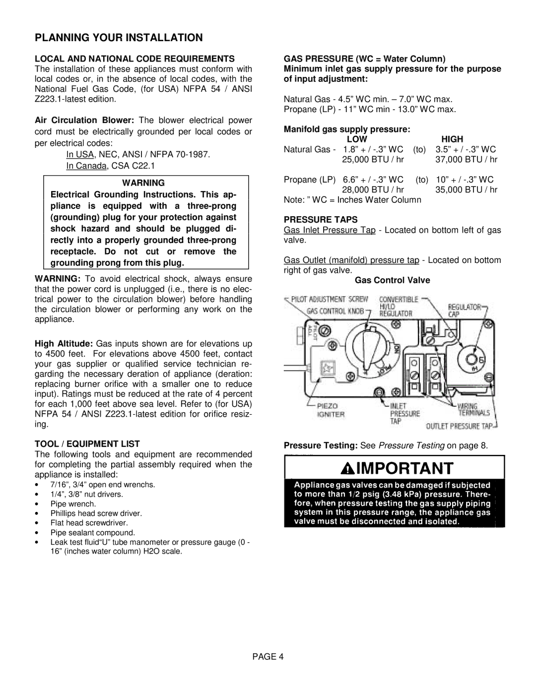 Lenoxx Electronics L30 BF-2 operation manual Planning Your Installation, Tool / Equipment List, Lowhigh, Pressure Taps 