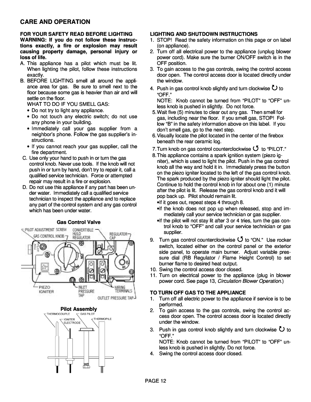 Lenoxx Electronics L30 BF-2 Care And Operation, Gas Control Valve Pilot Assembly, Lighting And Shutdown Instructions 