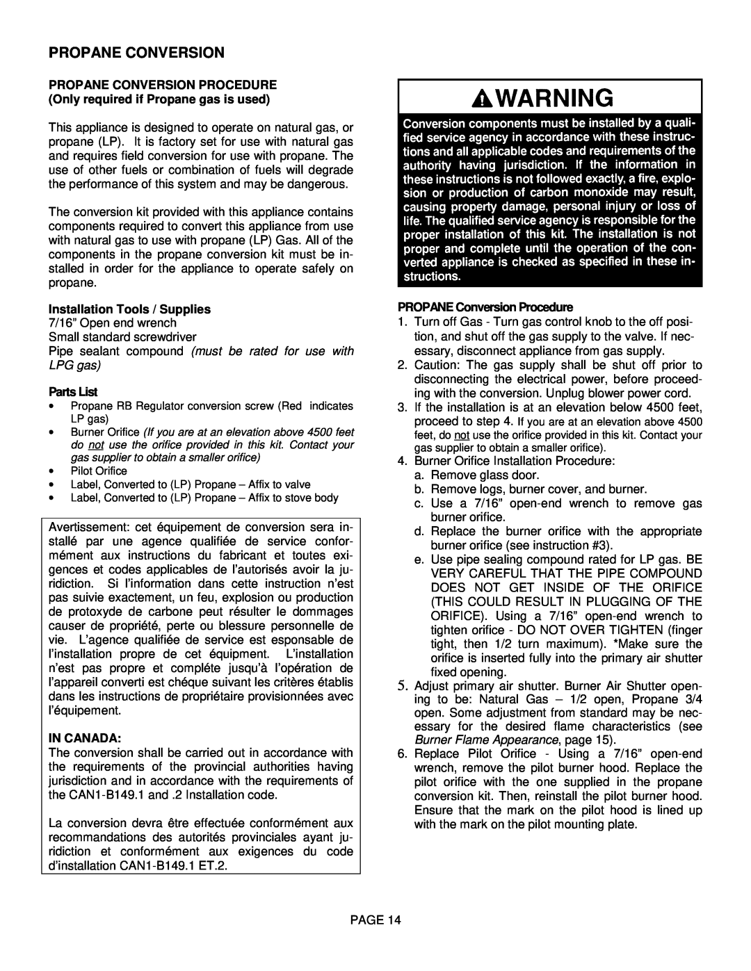 Lenoxx Electronics L30 BF-2 operation manual Propane Conversion, Parts List, In Canada, PROPANE Conversion Procedure 