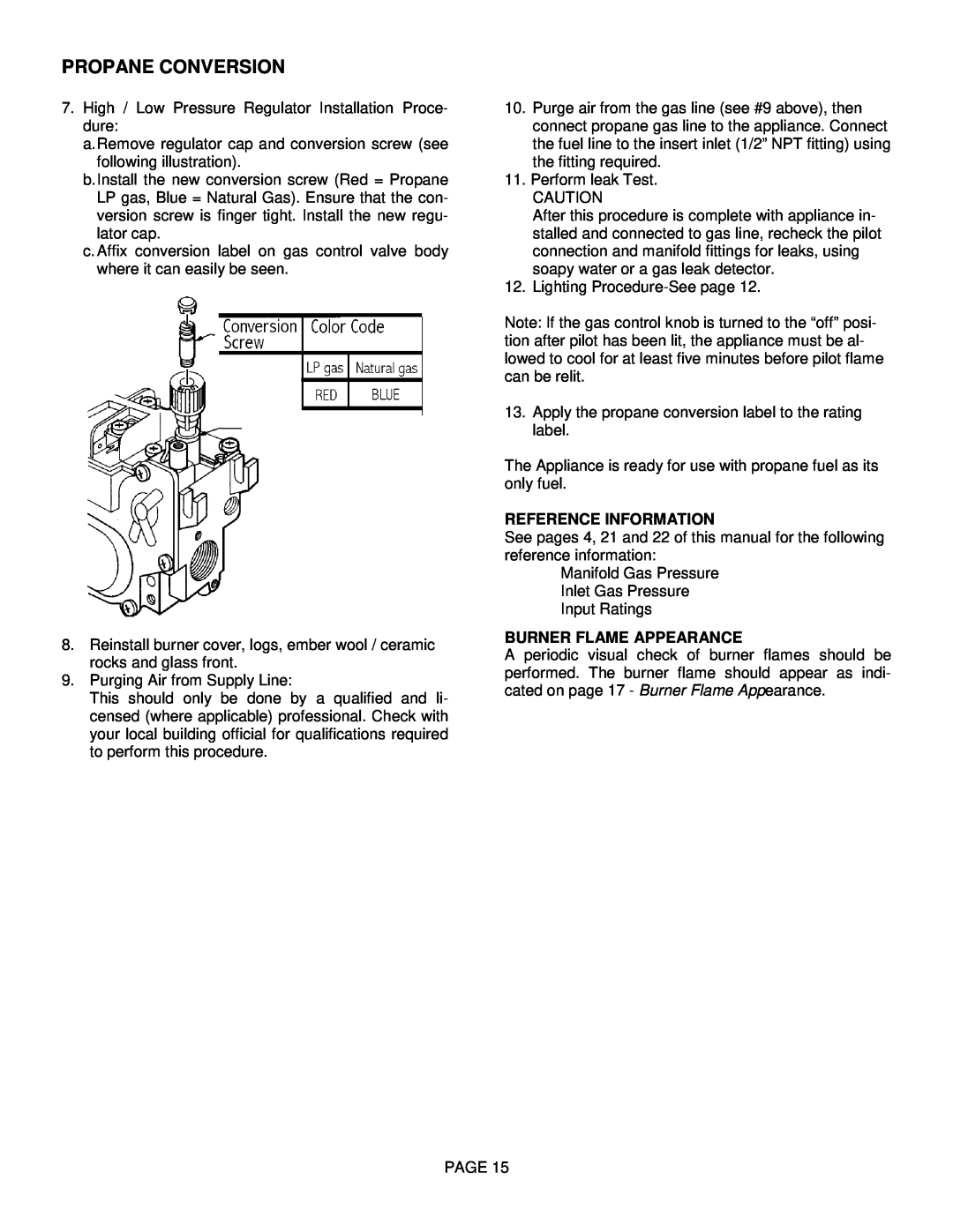 Lenoxx Electronics L30 BF-2 operation manual Reference Information, Burner Flame Appearance, Propane Conversion 