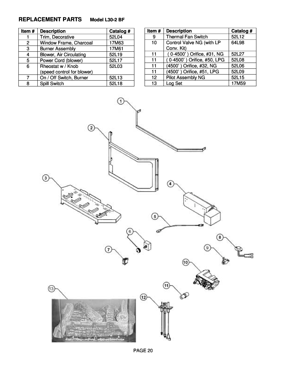Lenoxx Electronics L30 BF-2 operation manual REPLACEMENT PARTS Model L30-2BF, Item #, Description, Catalog # 