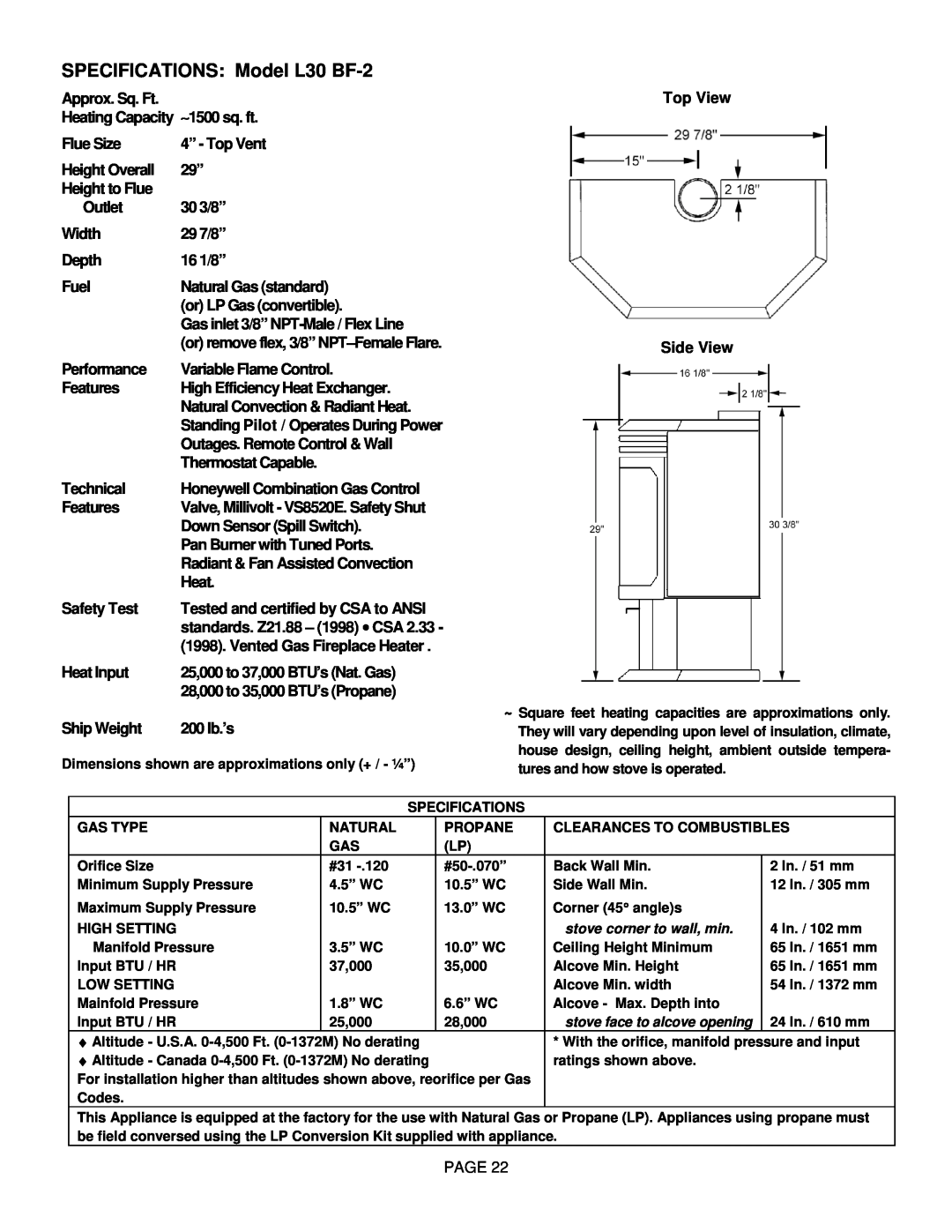 Lenoxx Electronics SPECIFICATIONS Model L30 BF-2, Approx. Sq. Ft Heating Capacity ∼ 1500 sq. ft, Flue Size, Outlet 