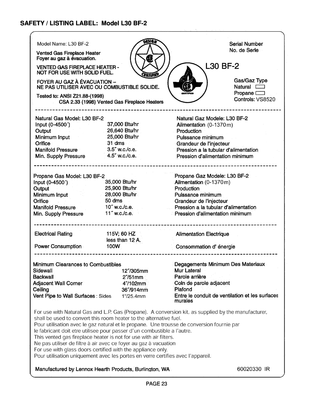 Lenoxx Electronics operation manual SAFETY / LISTING LABEL Model L30 BF-2, Page 