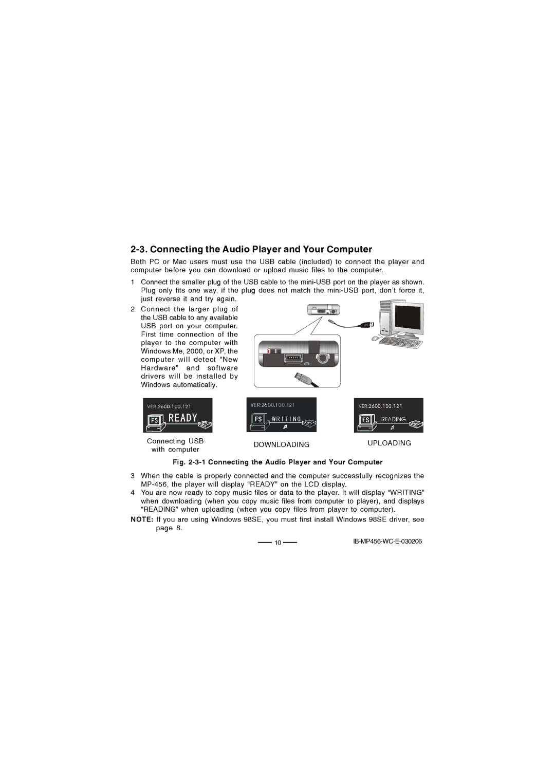 Lenoxx Electronics MP-456 operating instructions Connecting the Audio Player and Your Computer, Downloading Uploading 