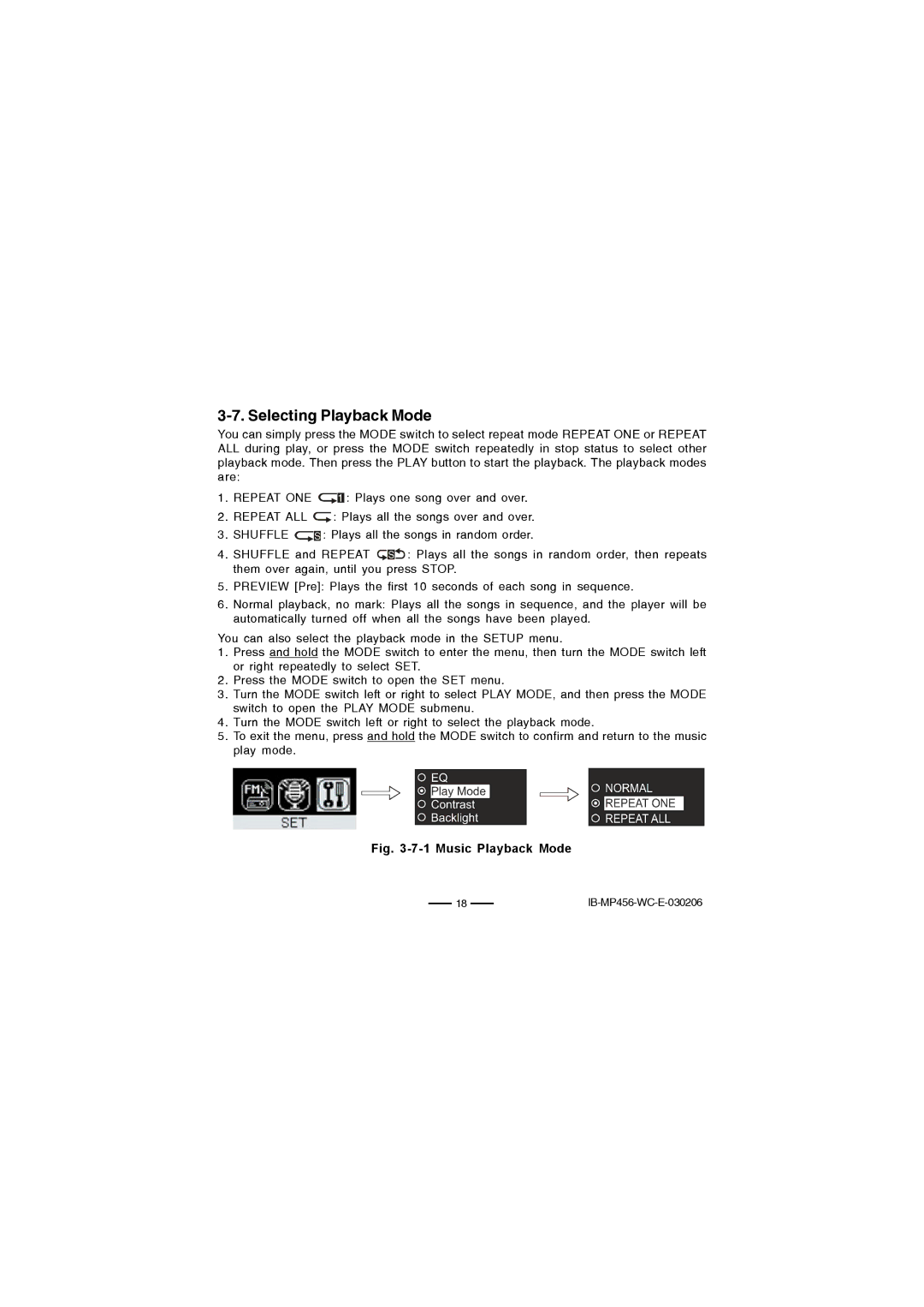 Lenoxx Electronics MP-456 operating instructions Selecting Playback Mode, Music Playback Mode 