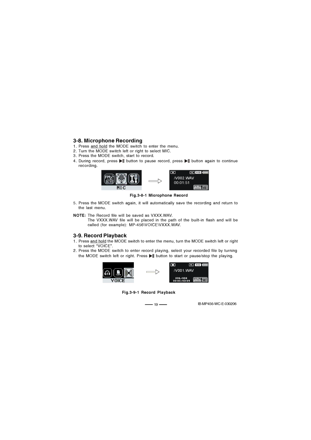 Lenoxx Electronics MP-456 operating instructions Microphone Recording, Record Playback 