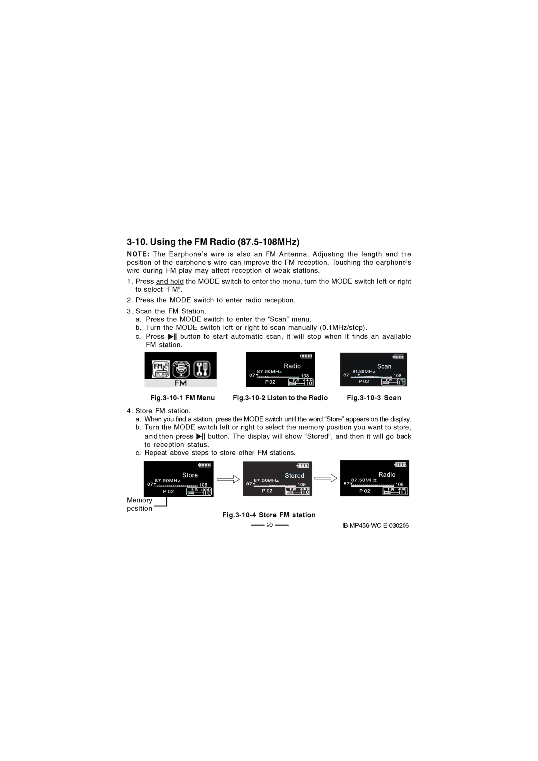 Lenoxx Electronics MP-456 operating instructions Using the FM Radio 87.5-108MHz, FM Menu 