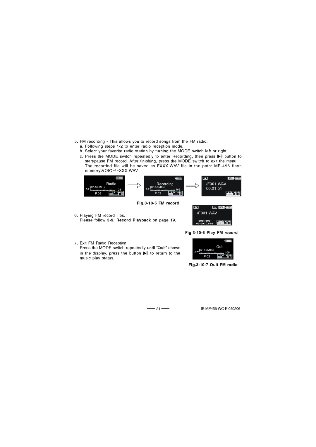 Lenoxx Electronics MP-456 operating instructions FM record 