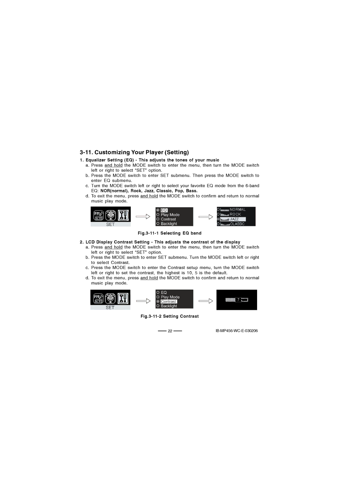 Lenoxx Electronics MP-456 Customizing Your Player Setting, Equalizer Setting EQ This adjusts the tones of your music 