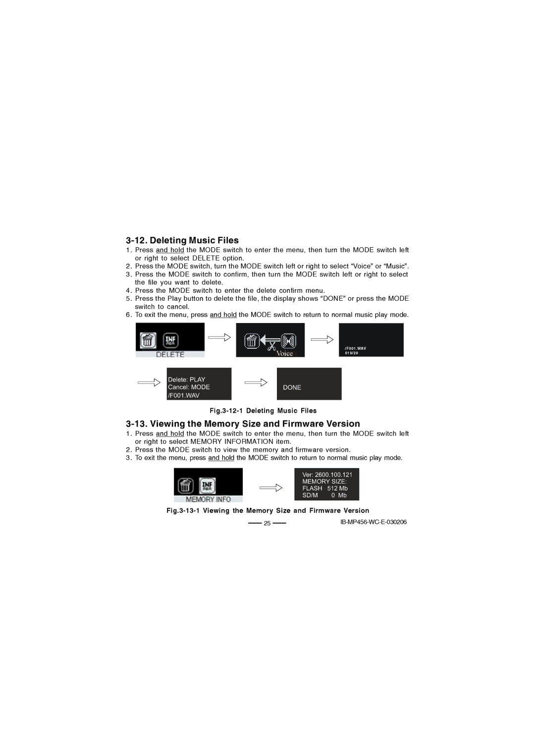 Lenoxx Electronics MP-456 operating instructions Deleting Music Files, Viewing the Memory Size and Firmware Version 