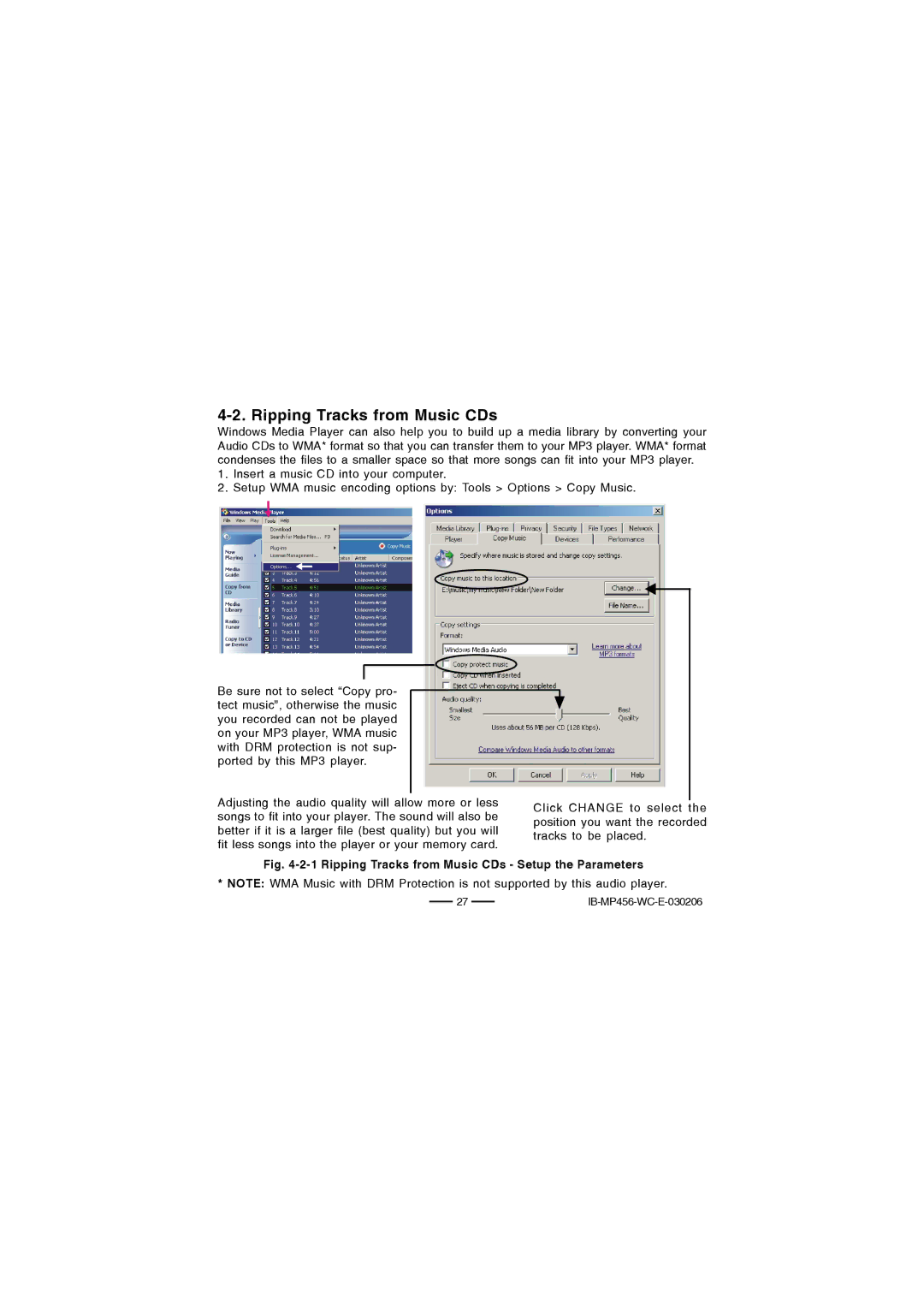 Lenoxx Electronics MP-456 operating instructions Ripping Tracks from Music CDs Setup the Parameters 