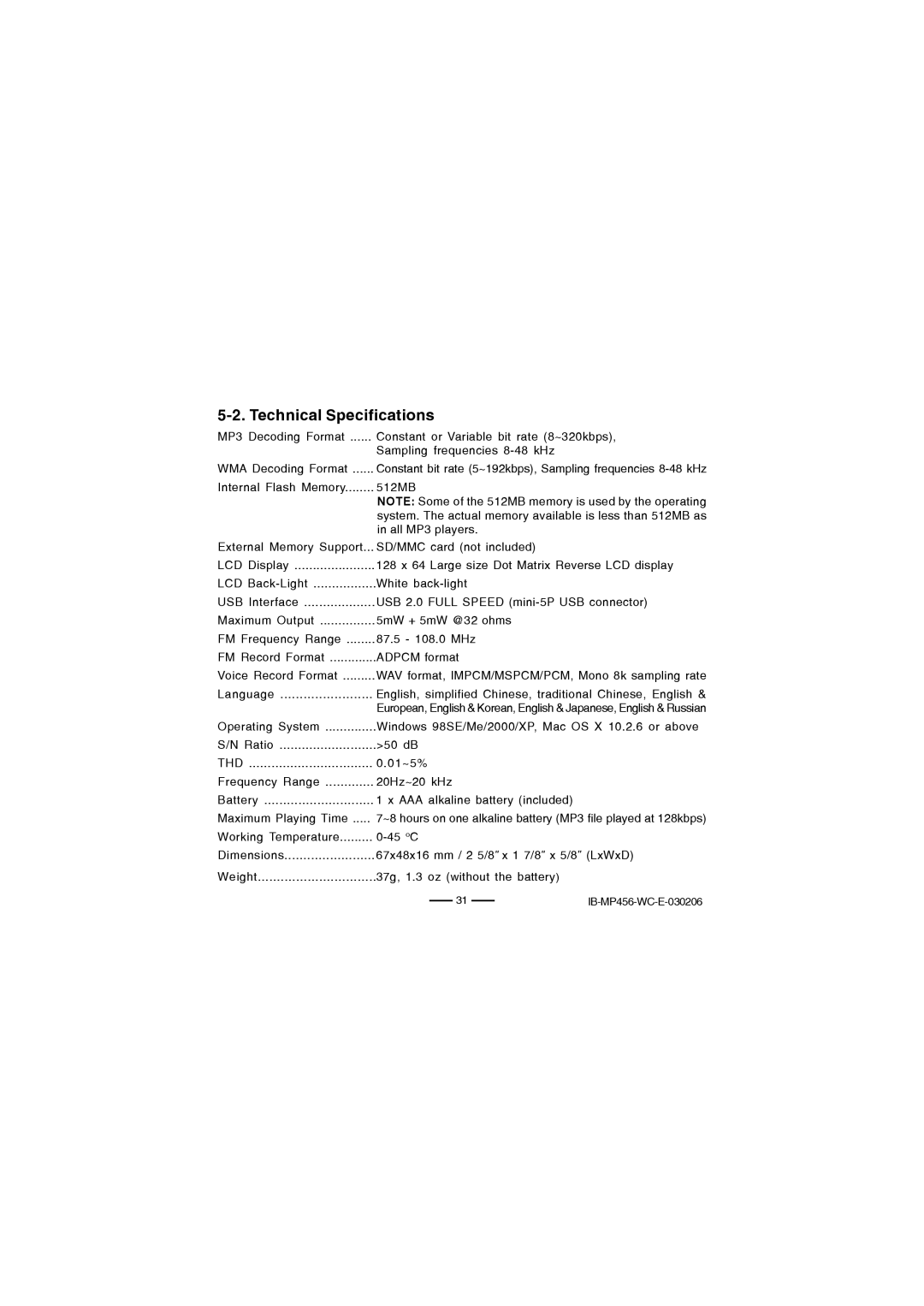 Lenoxx Electronics MP-456 operating instructions Technical Specifications, Thd 