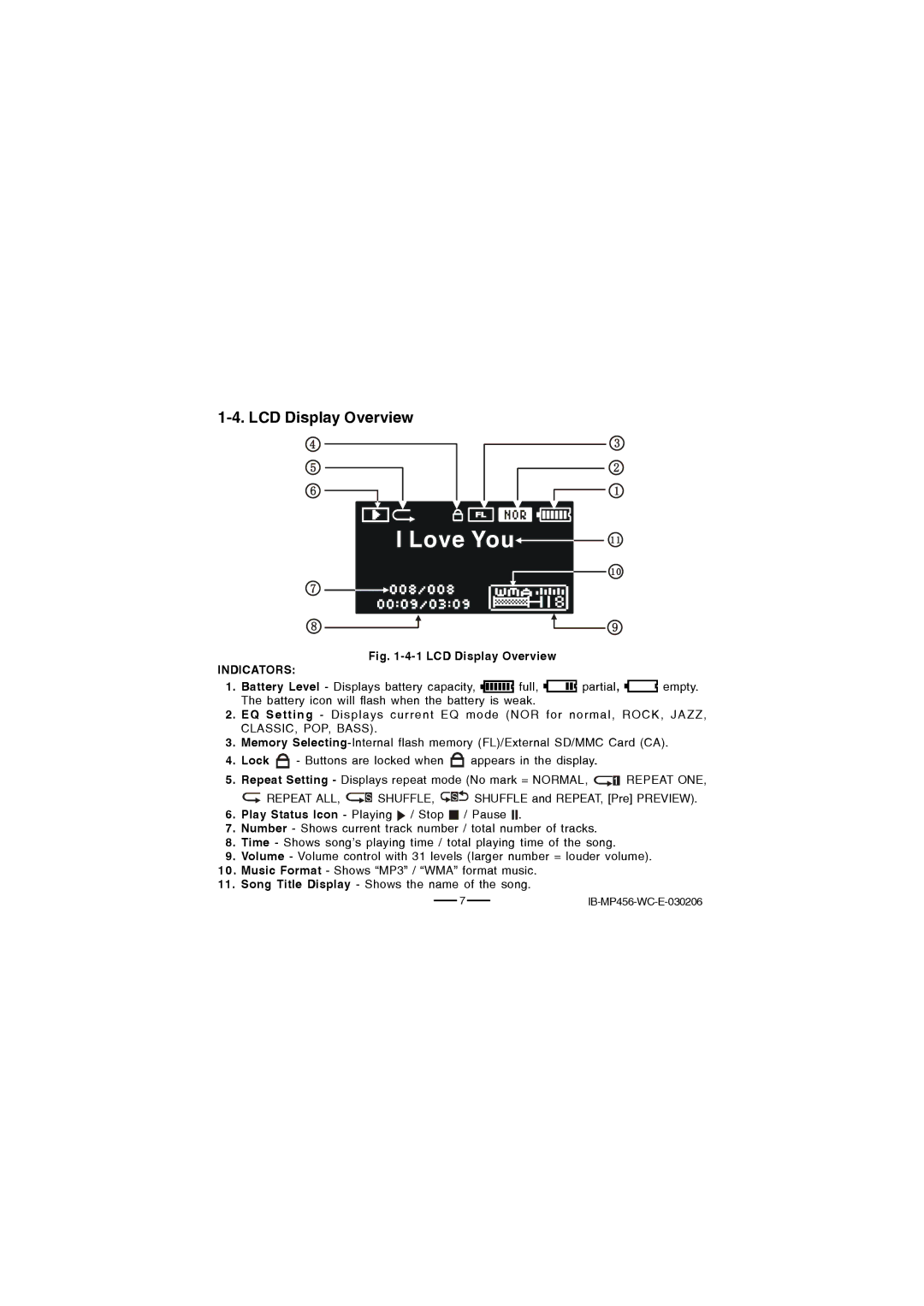 Lenoxx Electronics MP-456 operating instructions Love You, LCD Display Overview 