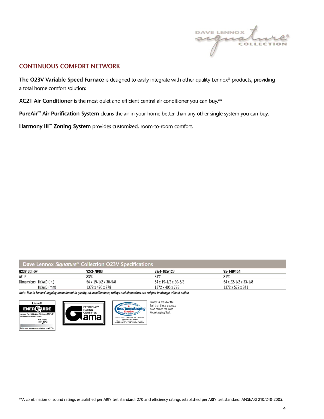 Lenoxx Electronics manual Continuous comfort Network, Dave Lennox Signature Collection O23V Specifications 