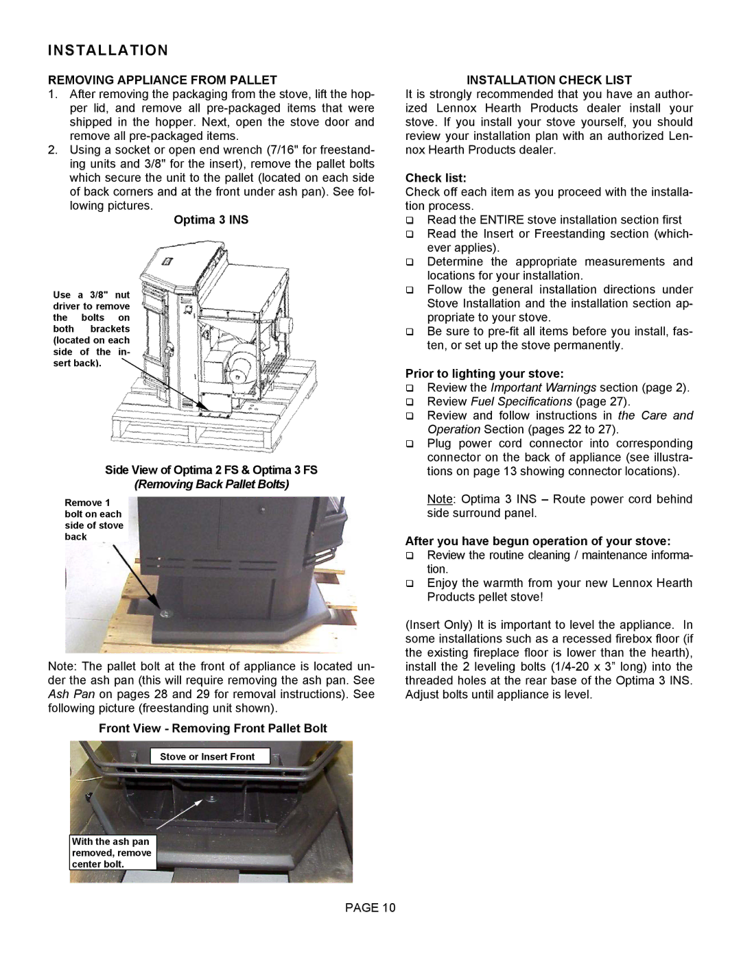 Lenoxx Electronics Optima 3 FS operation manual Removing Appliance from Pallet, Installation Check List 