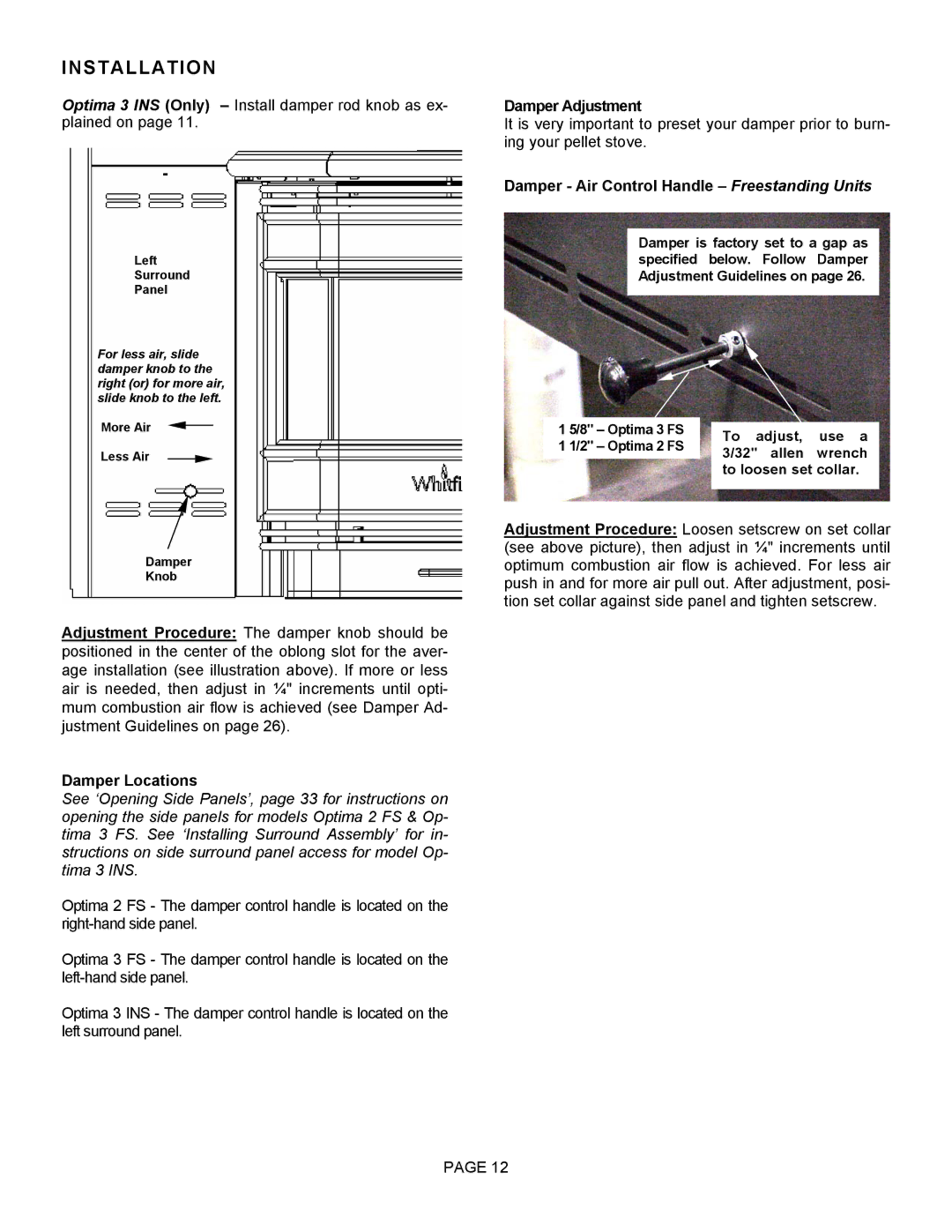 Lenoxx Electronics Optima 3 FS Damper Locations, Damper Adjustment, Damper Air Control Handle Freestanding Units 