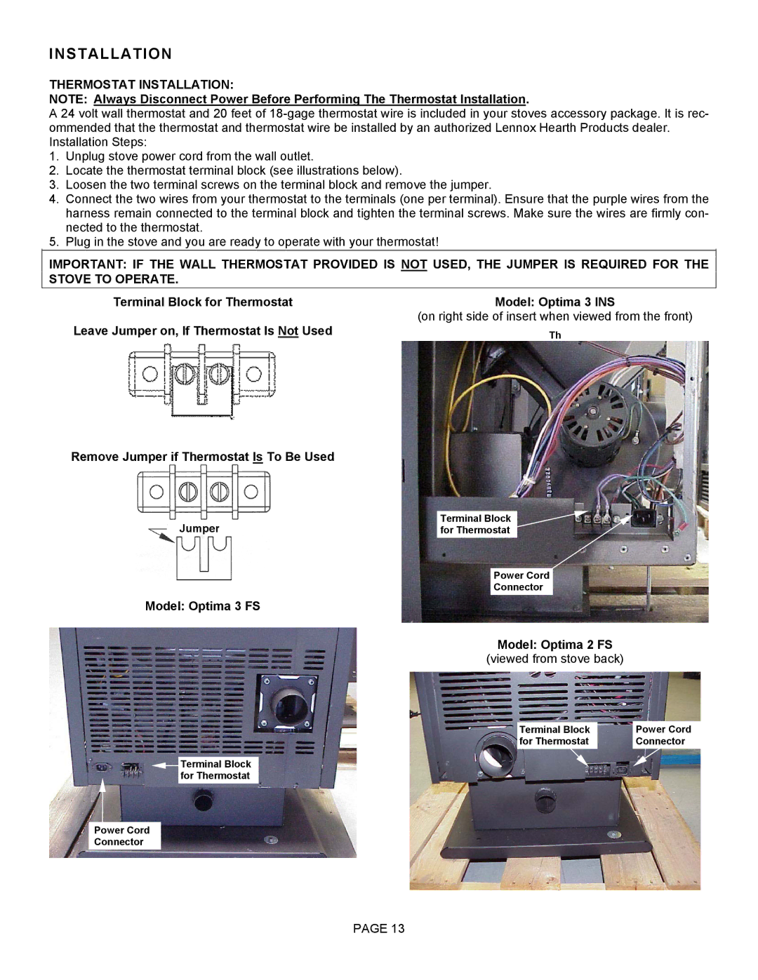 Lenoxx Electronics operation manual Thermostat Installation, Model Optima 3 FS, Model Optima 3 INS, Model Optima 2 FS 