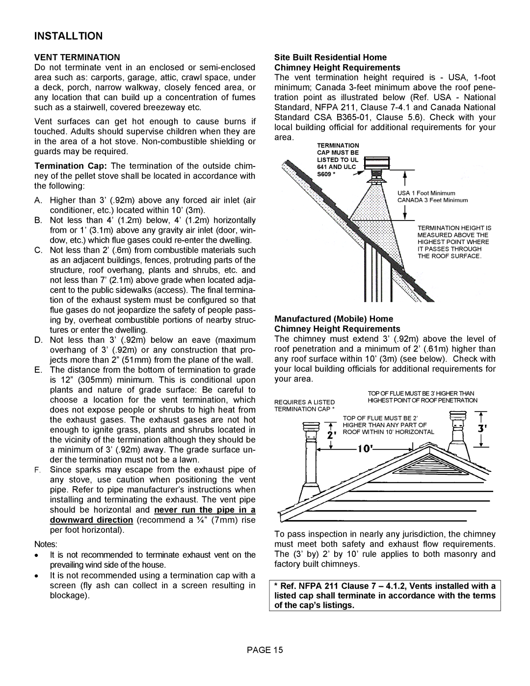 Lenoxx Electronics Optima 3 FS operation manual Vent Termination, Site Built Residential Home Chimney Height Requirements 