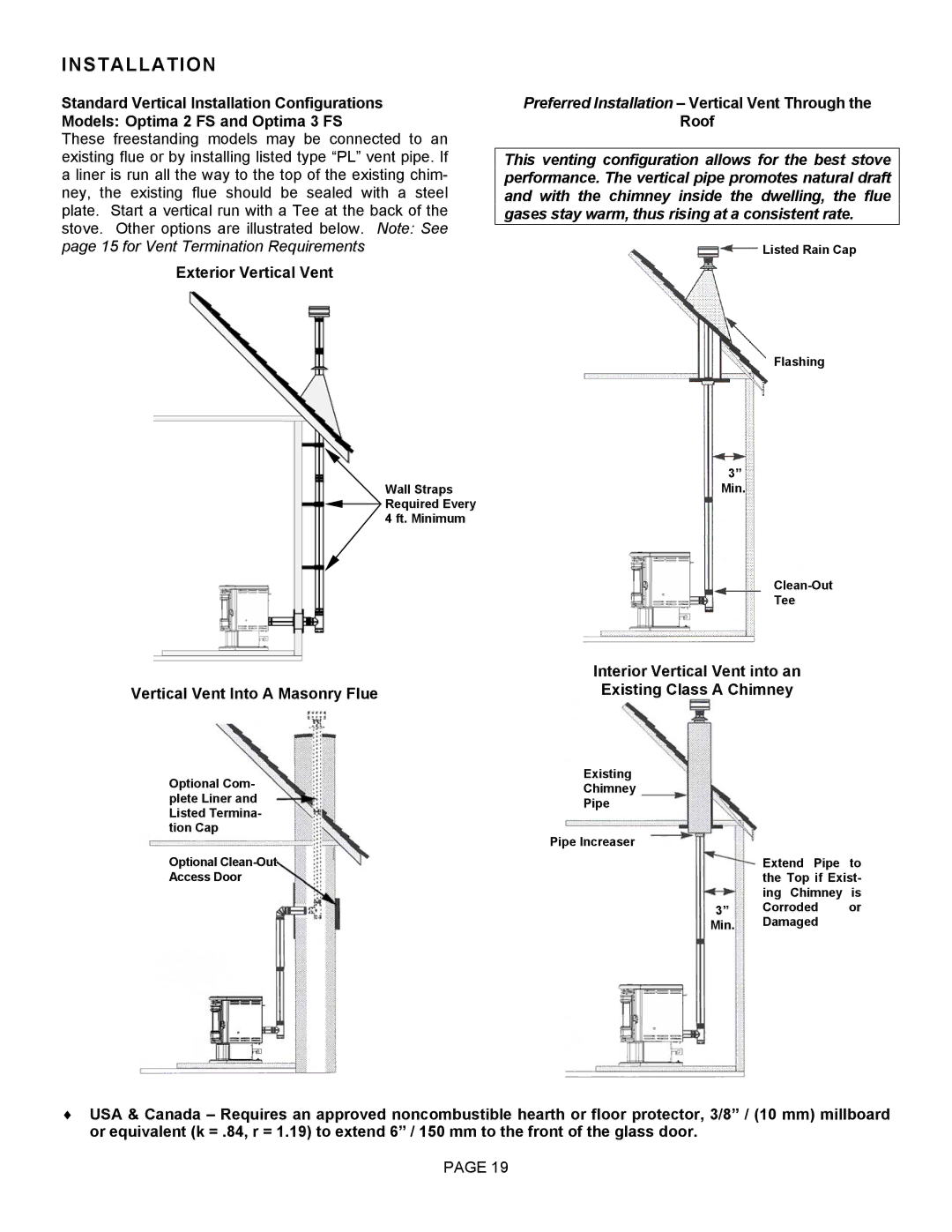 Lenoxx Electronics Optima 3 FS operation manual Exterior Vertical Vent, Preferred Installation Vertical Vent Through Roof 