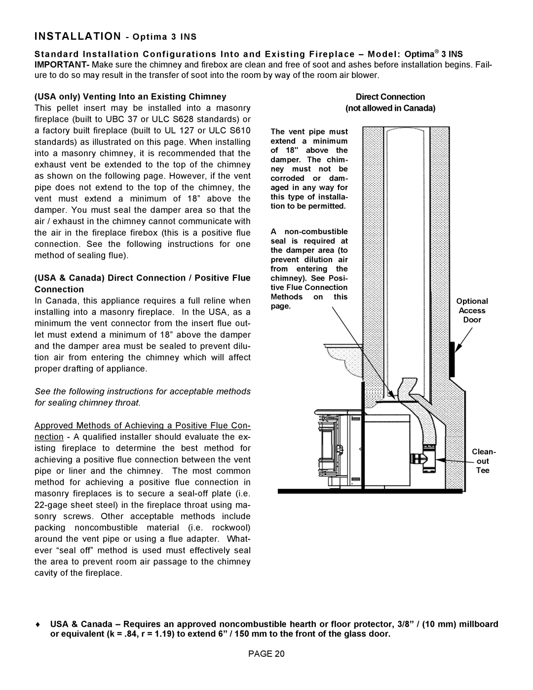 Lenoxx Electronics Optima 3 FS operation manual USA & Canada Direct Connection / Positive Flue Connection 