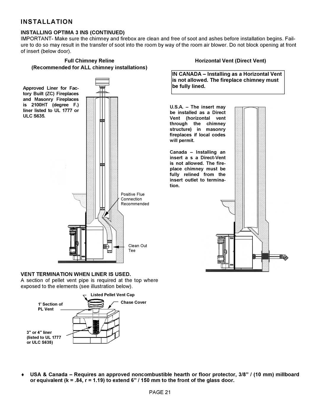 Lenoxx Electronics Optima 3 FS operation manual Installing Optima 3 INS, Vent Termination When Liner is Used 