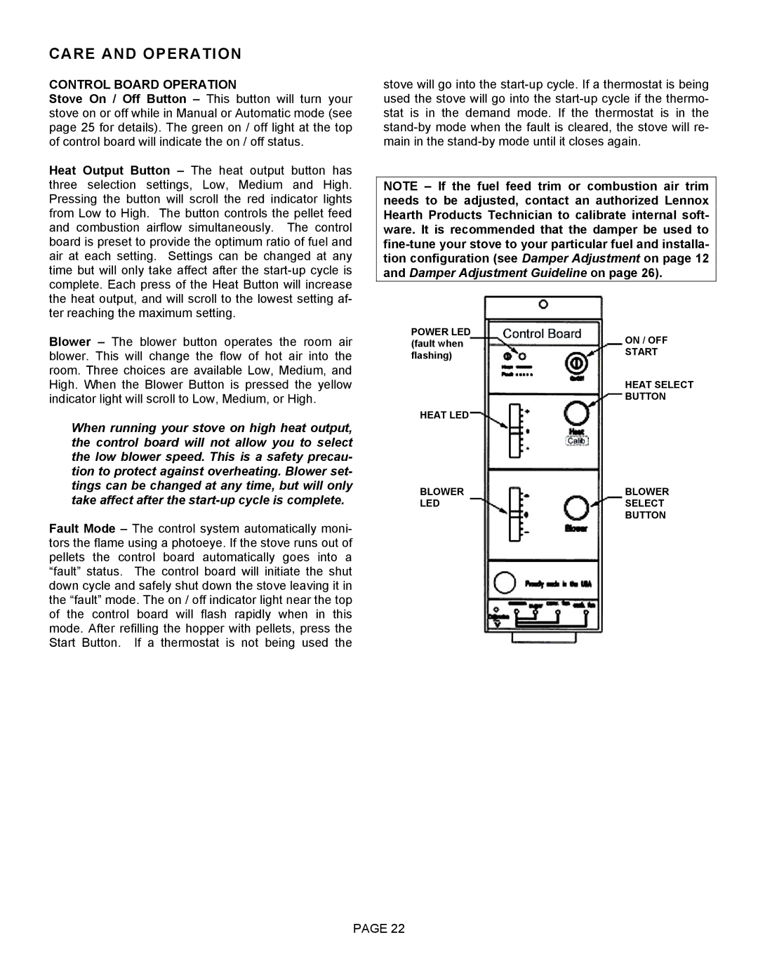 Lenoxx Electronics Optima 3 FS operation manual Care and Operation, Control Board Operation 