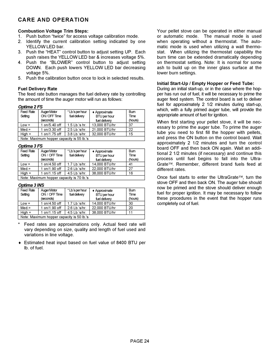 Lenoxx Electronics Optima 3 FS operation manual Combustion Voltage Trim Steps, Fuel Delivery Rate 