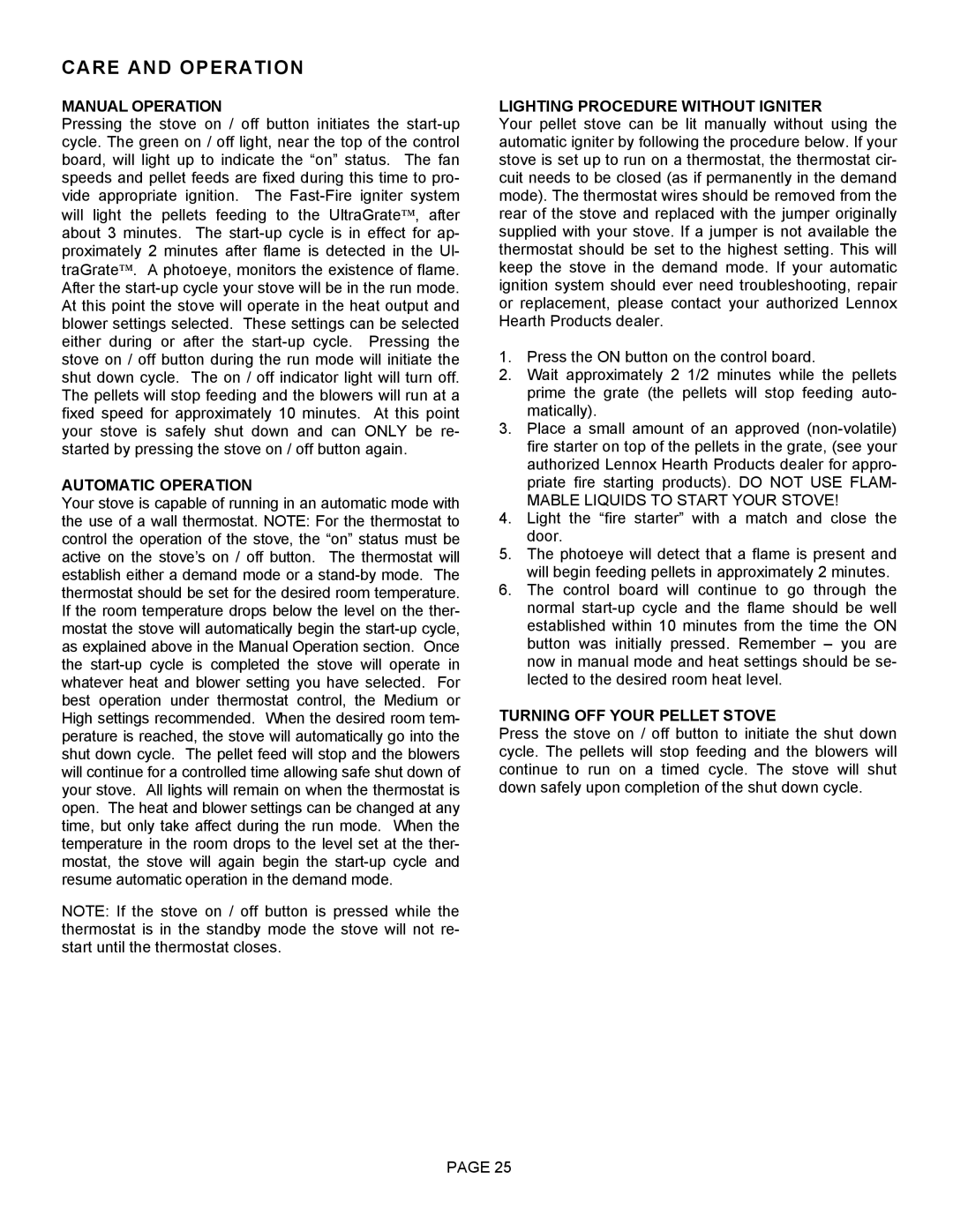 Lenoxx Electronics Optima 3 FS operation manual Manual Operation, Automatic Operation, Lighting Procedure Without Igniter 