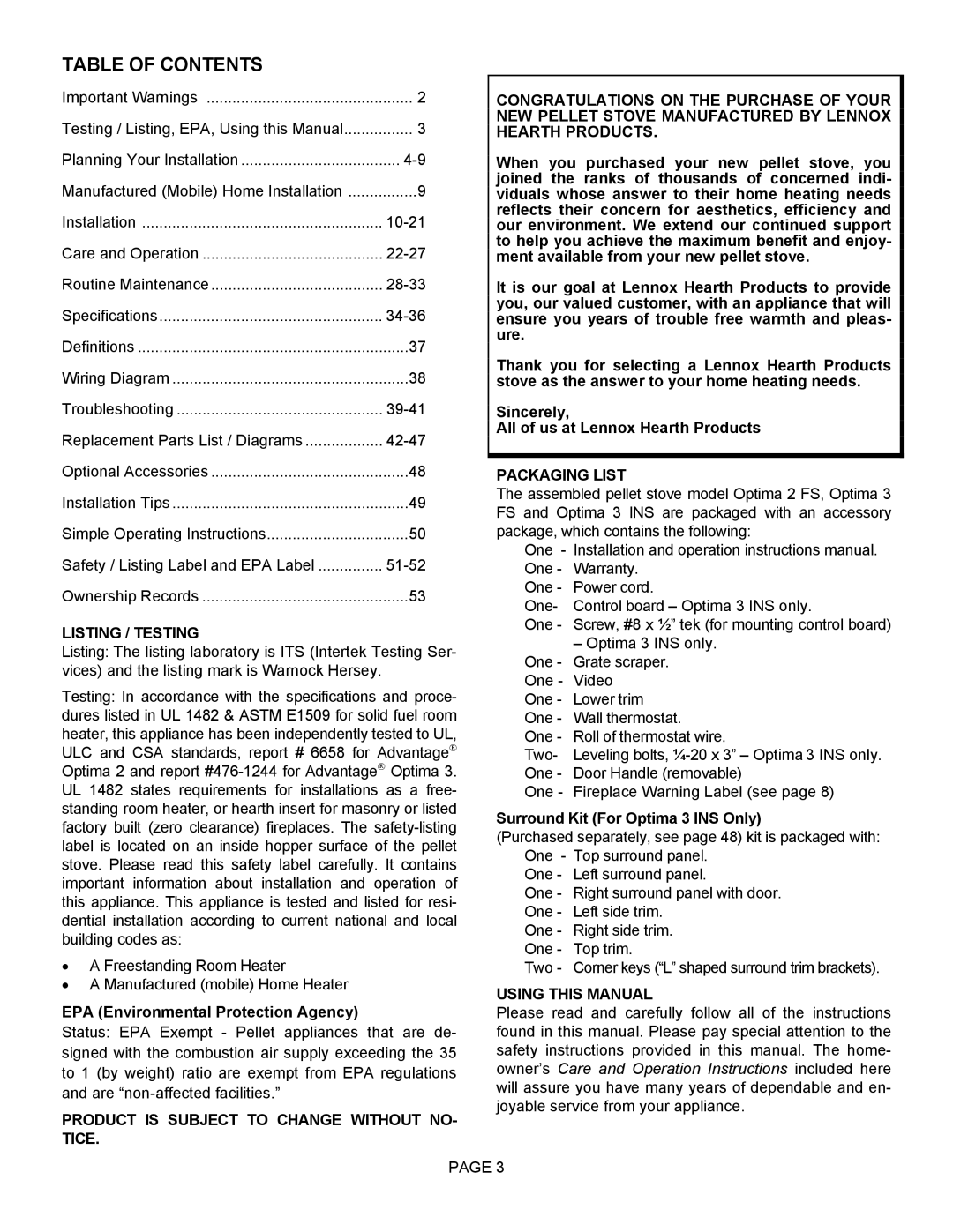 Lenoxx Electronics Optima 3 FS operation manual Table of Contents 