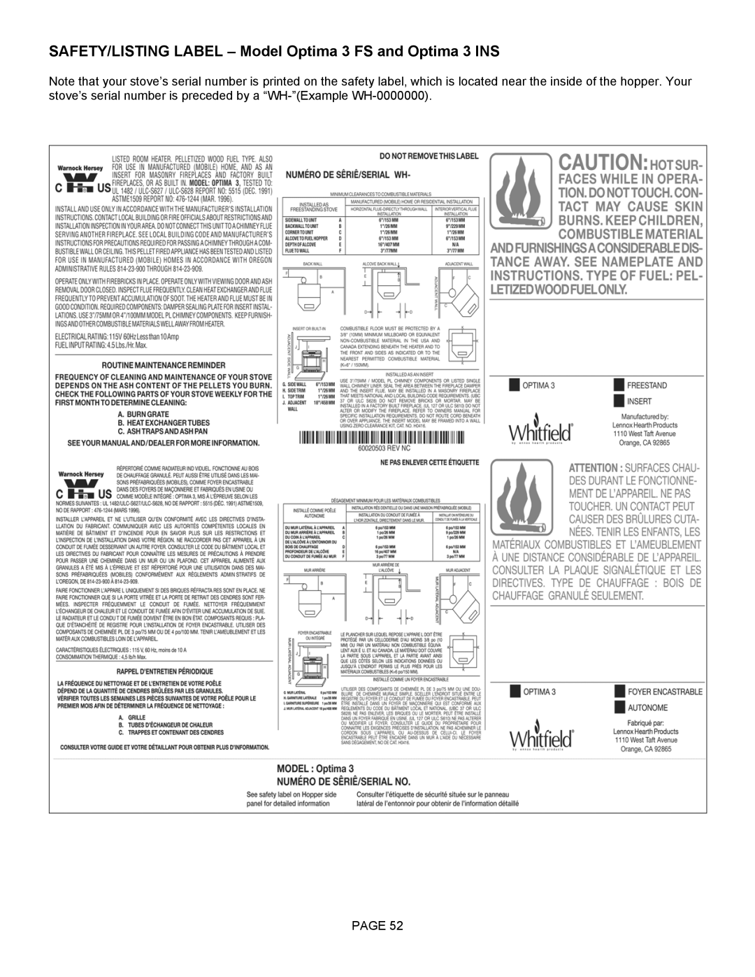 Lenoxx Electronics operation manual SAFETY/LISTING Label Model Optima 3 FS and Optima 3 INS 