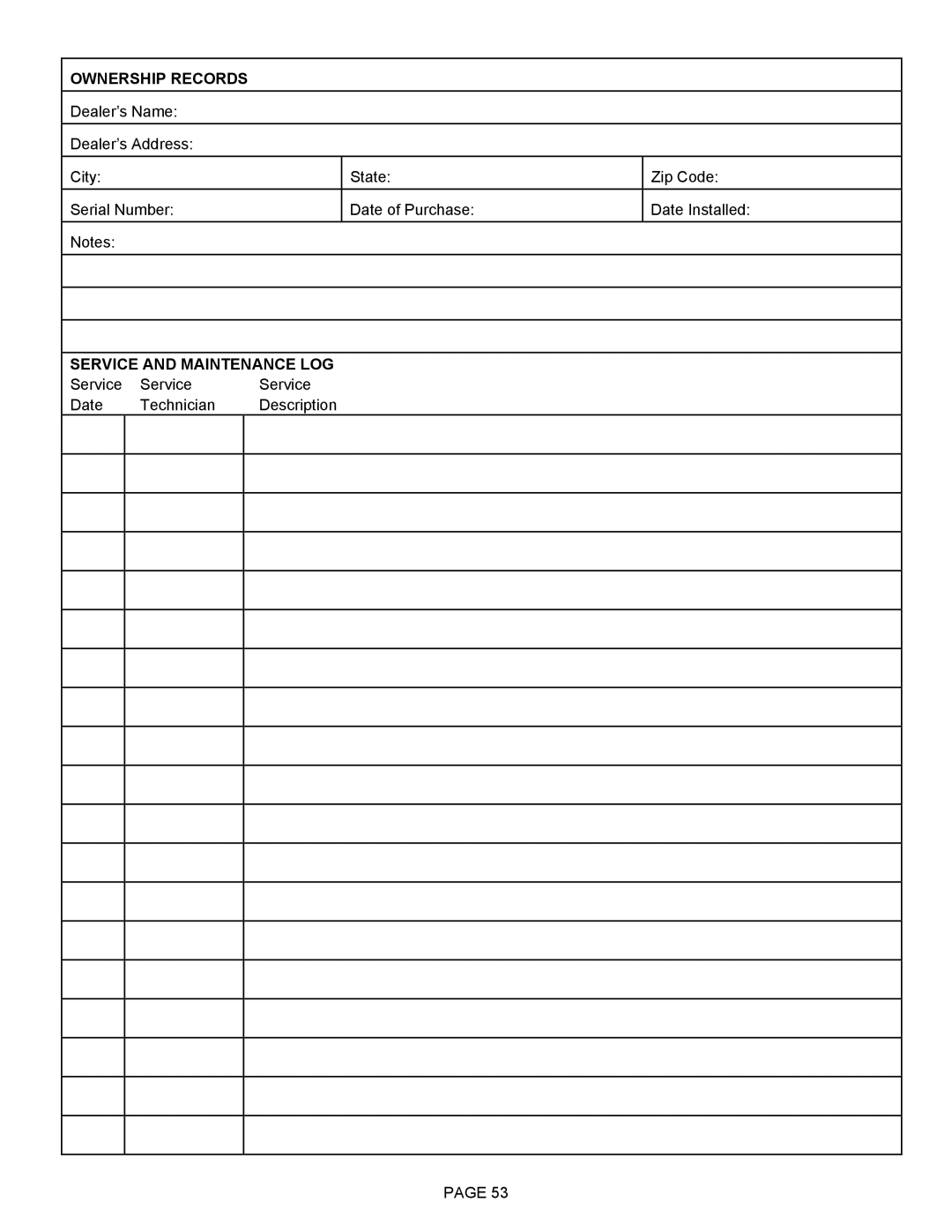 Lenoxx Electronics Optima 3 FS operation manual Ownership Records, Service and Maintenance LOG 