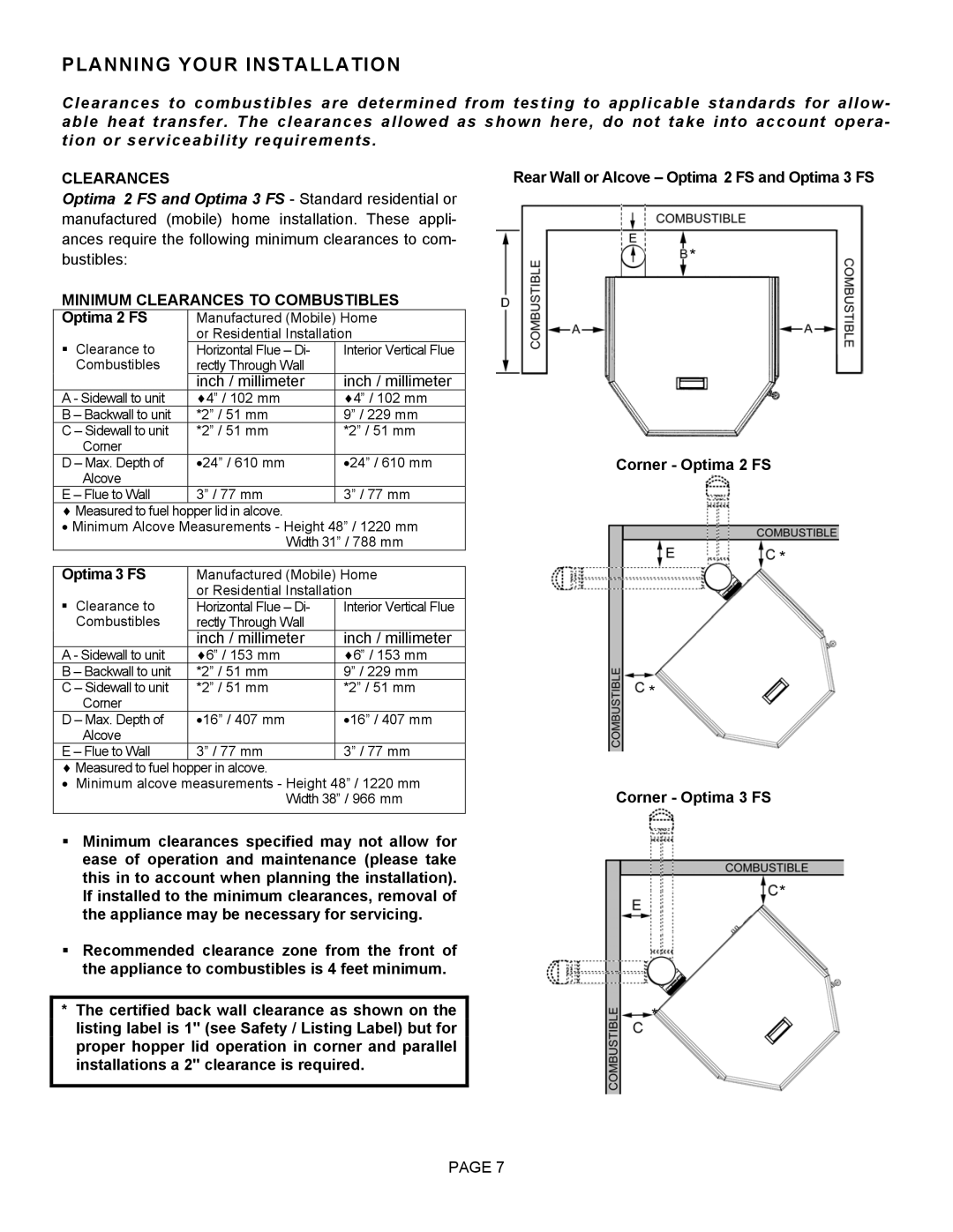 Lenoxx Electronics Optima 3 FS operation manual Minimum Clearances to Combustibles 