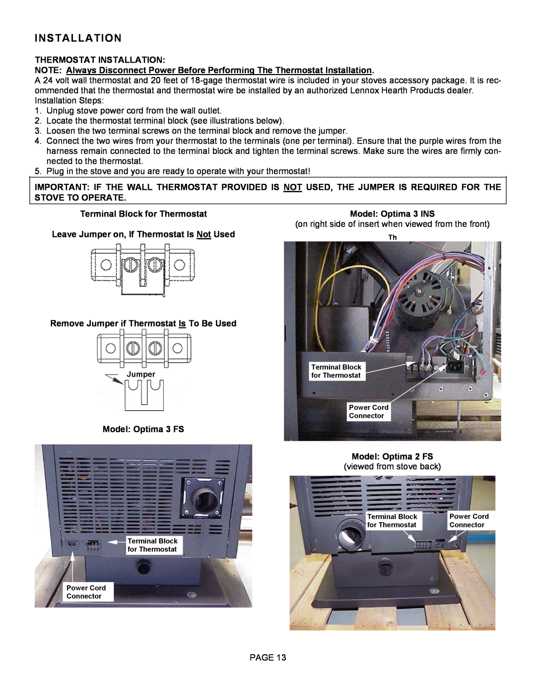 Lenoxx Electronics Thermostat Installation, Terminal Block for Thermostat, Model Optima 3 FS, Model Optima 3 INS 