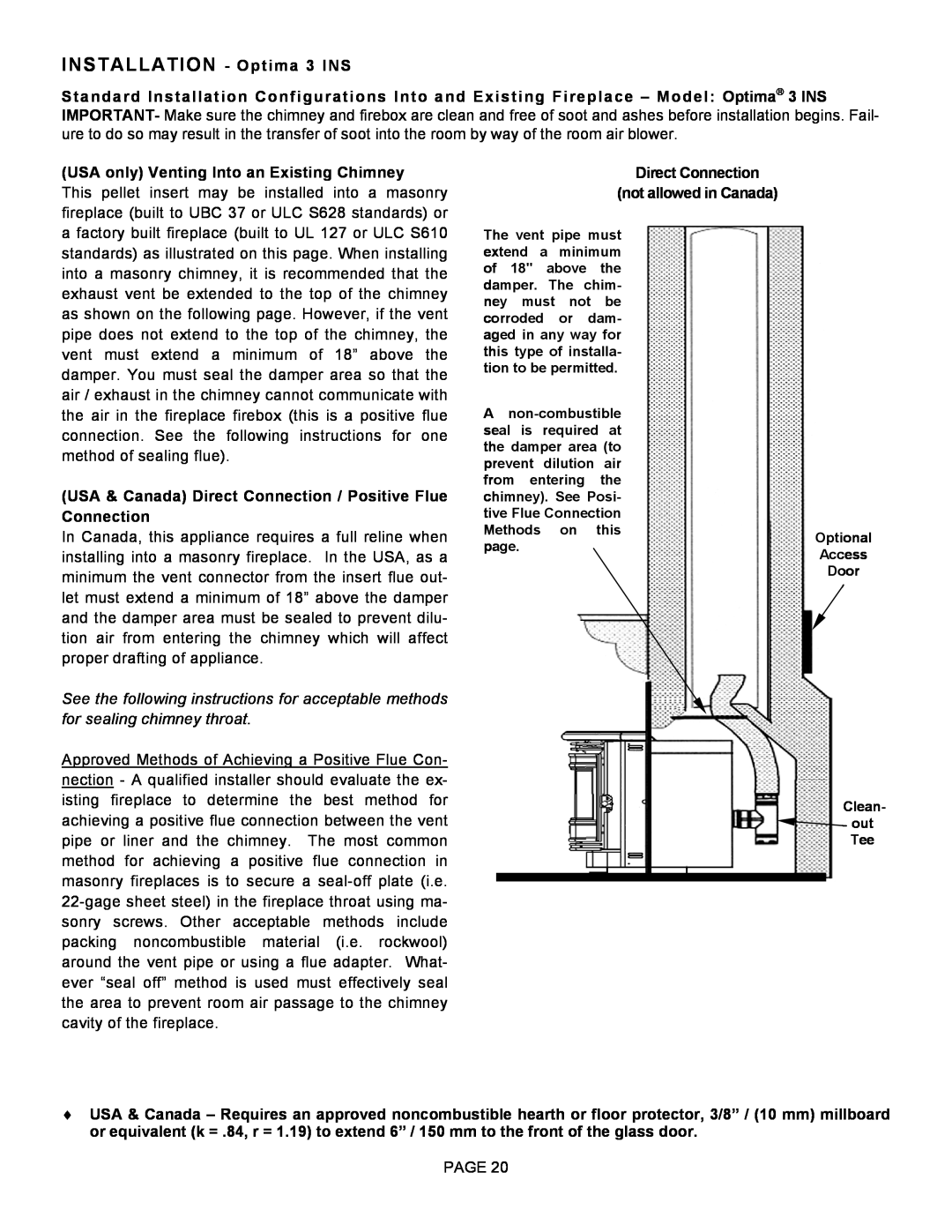 Lenoxx Electronics Optima 3 FS operation manual INSTALLATION - Optima 3 INS, USA only Venting Into an Existing Chimney 
