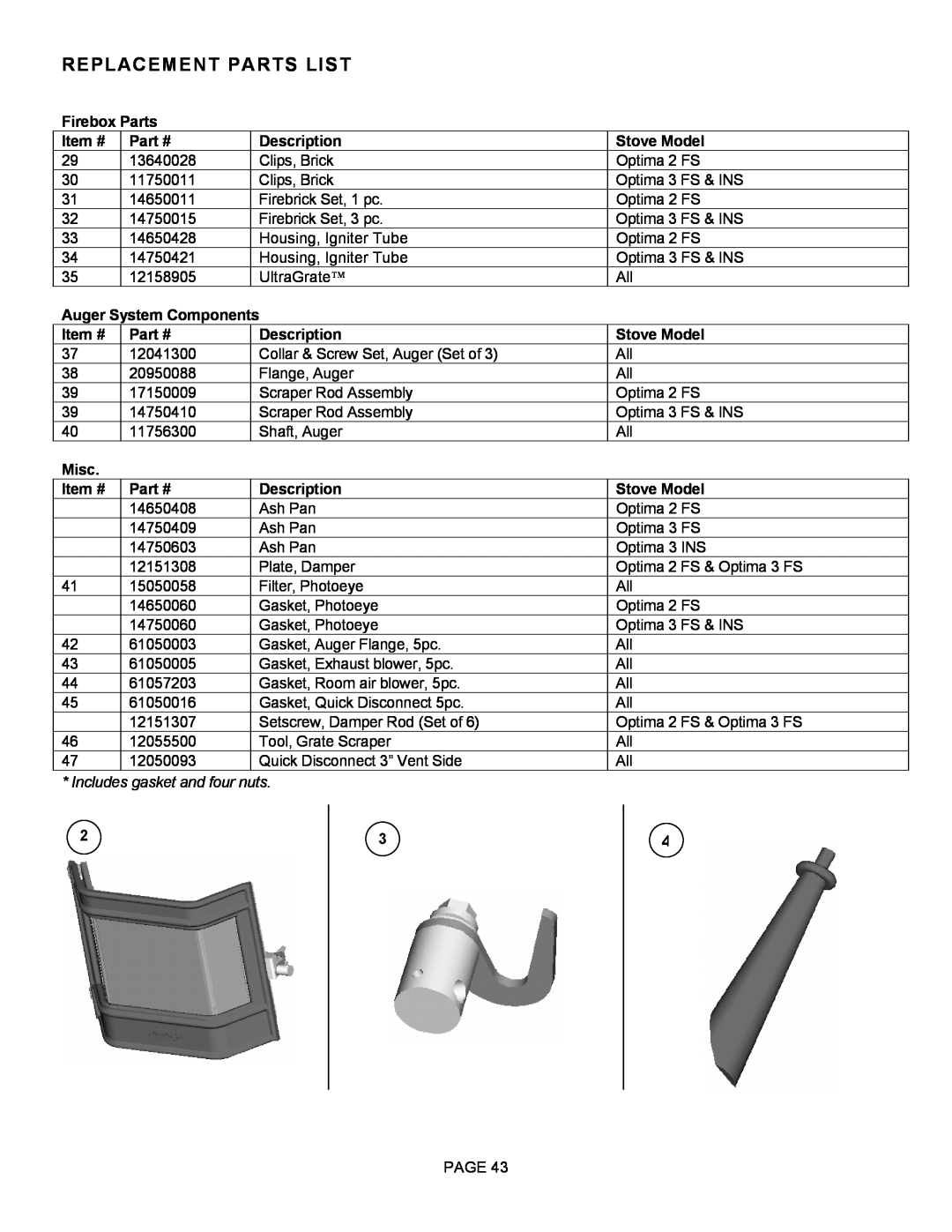 Lenoxx Electronics Optima 3 FS Firebox Parts, Auger System Components, Misc, Includes gasket and four nuts, Item #, Part # 