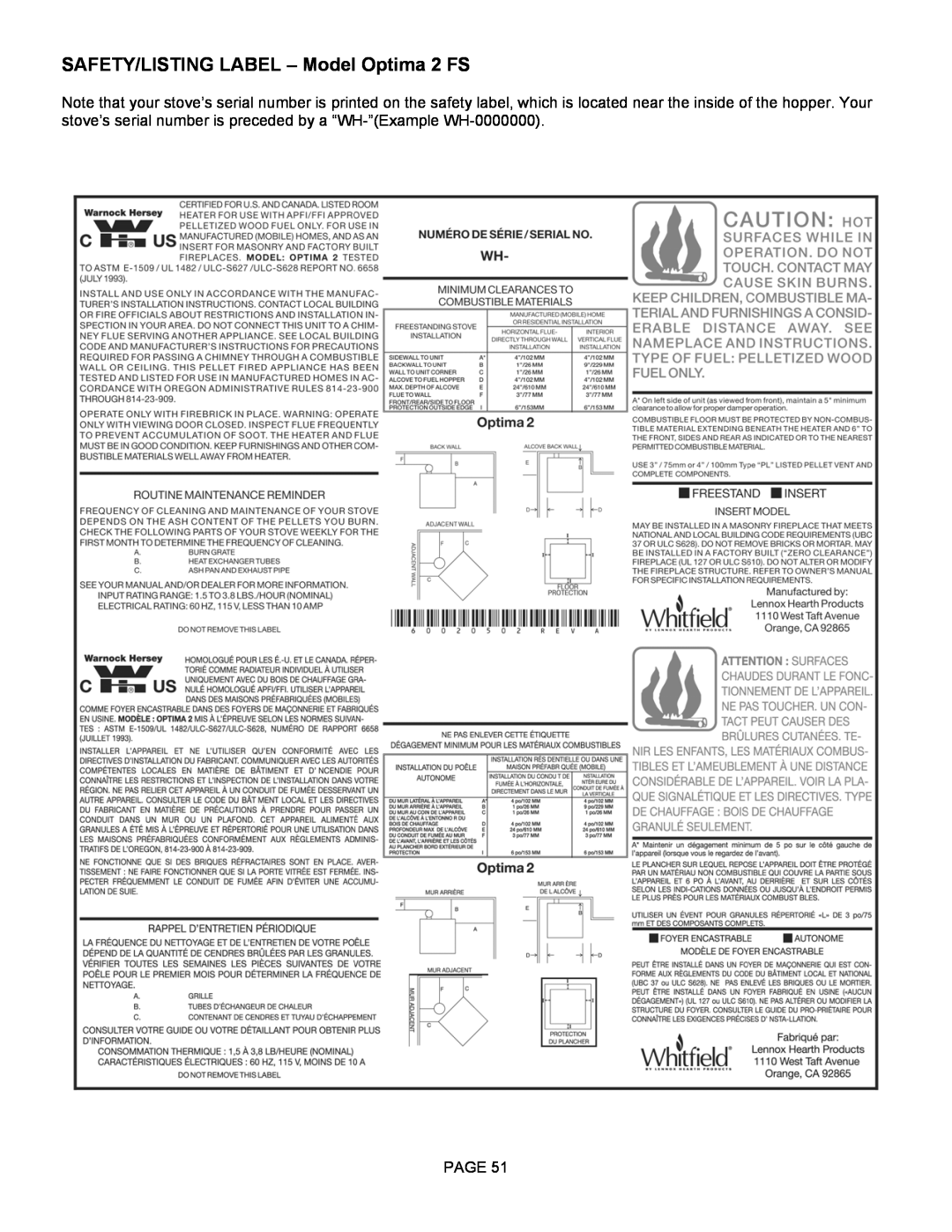 Lenoxx Electronics Optima 3 FS operation manual SAFETY/LISTING LABEL – Model Optima 2 FS, Page 