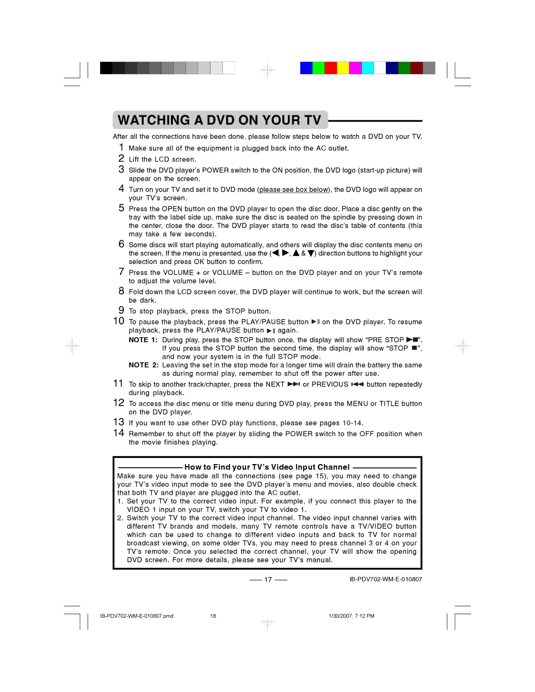 Lenoxx Electronics PDV-702 instruction manual Watching a DVD on Your TV, How to Find your TV’s Video Input Channel 