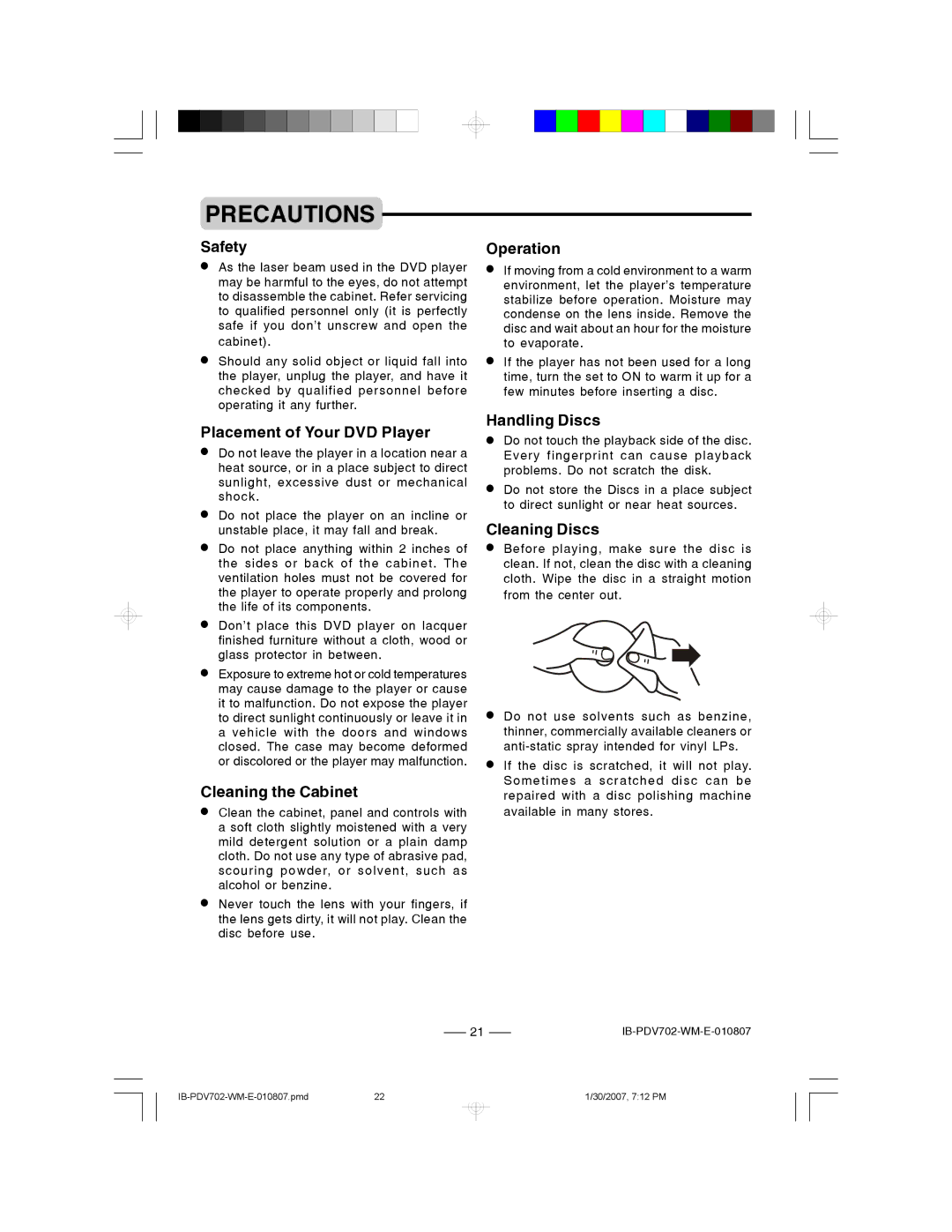 Lenoxx Electronics PDV-702 instruction manual Precautions 