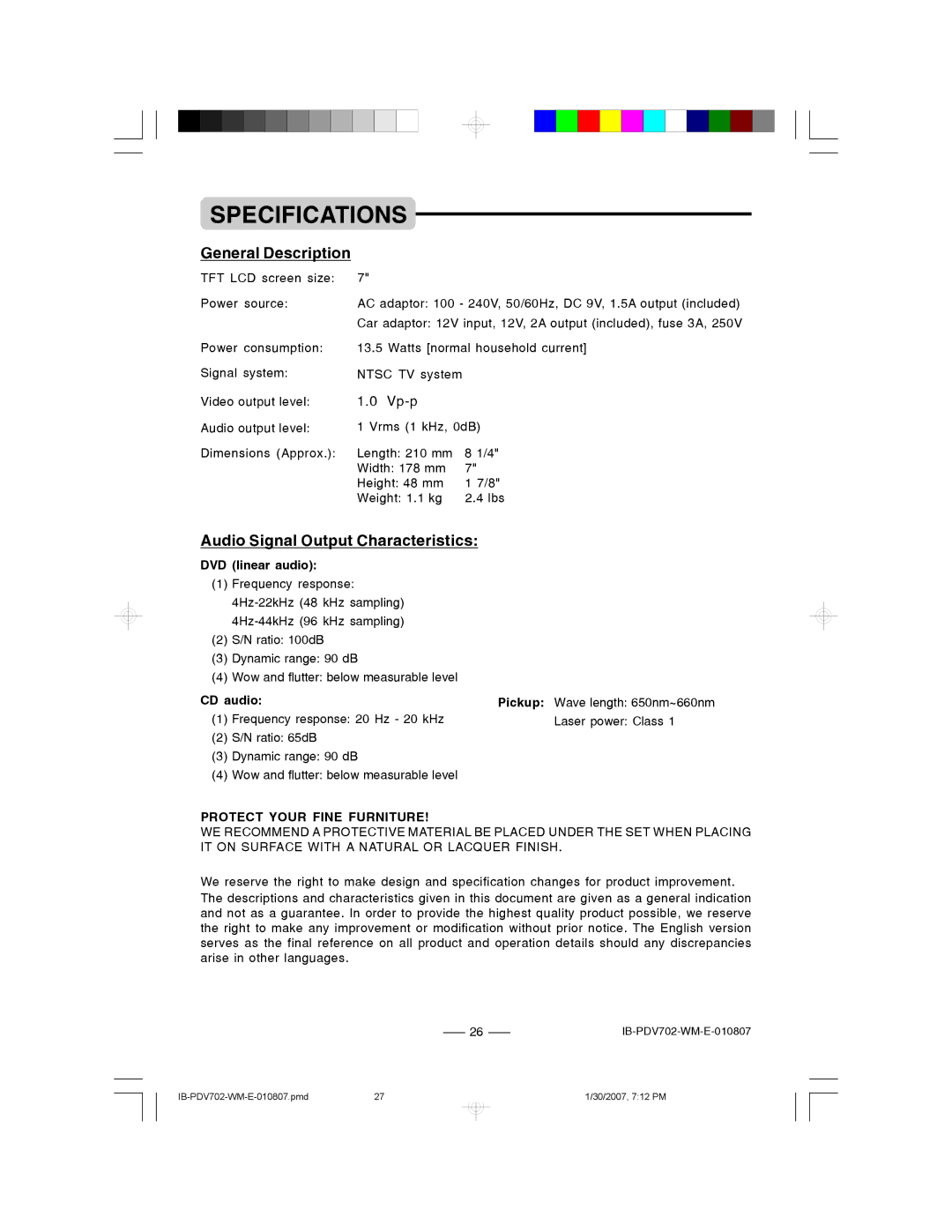 Lenoxx Electronics PDV-702 Specifications, General Description, Audio Signal Output Characteristics, DVD linear audio 