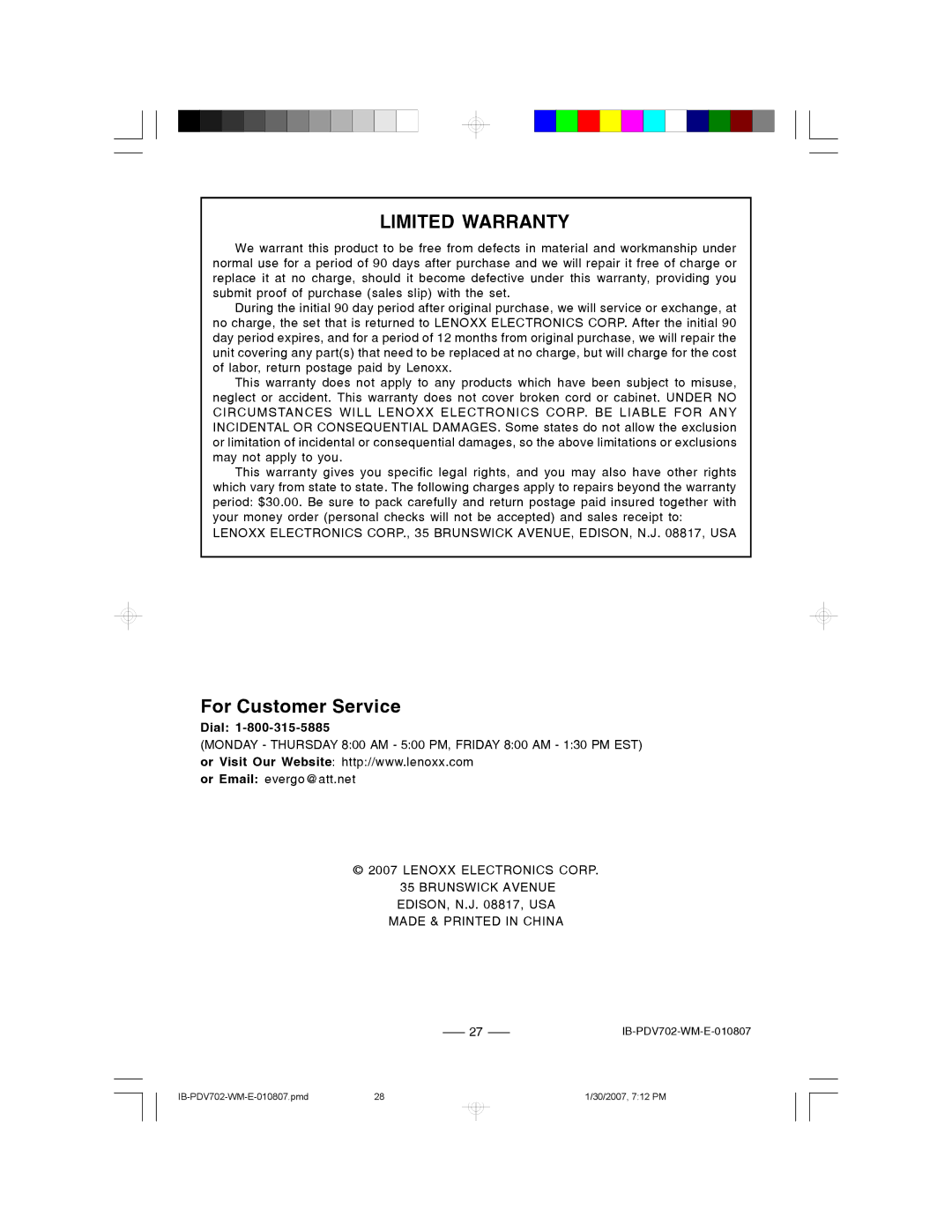 Lenoxx Electronics PDV-702 instruction manual For Customer Service, Dial 