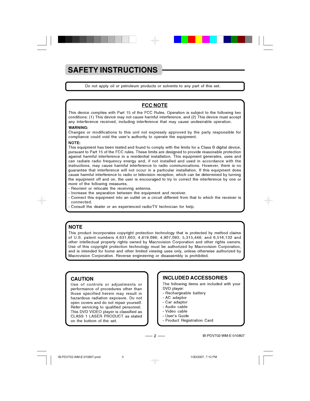 Lenoxx Electronics PDV-702 instruction manual FCC Note, Included Accessories 