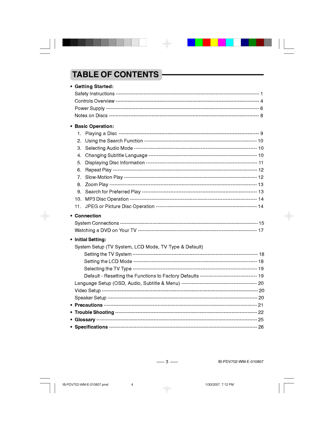 Lenoxx Electronics PDV-702 instruction manual Table of Contents 