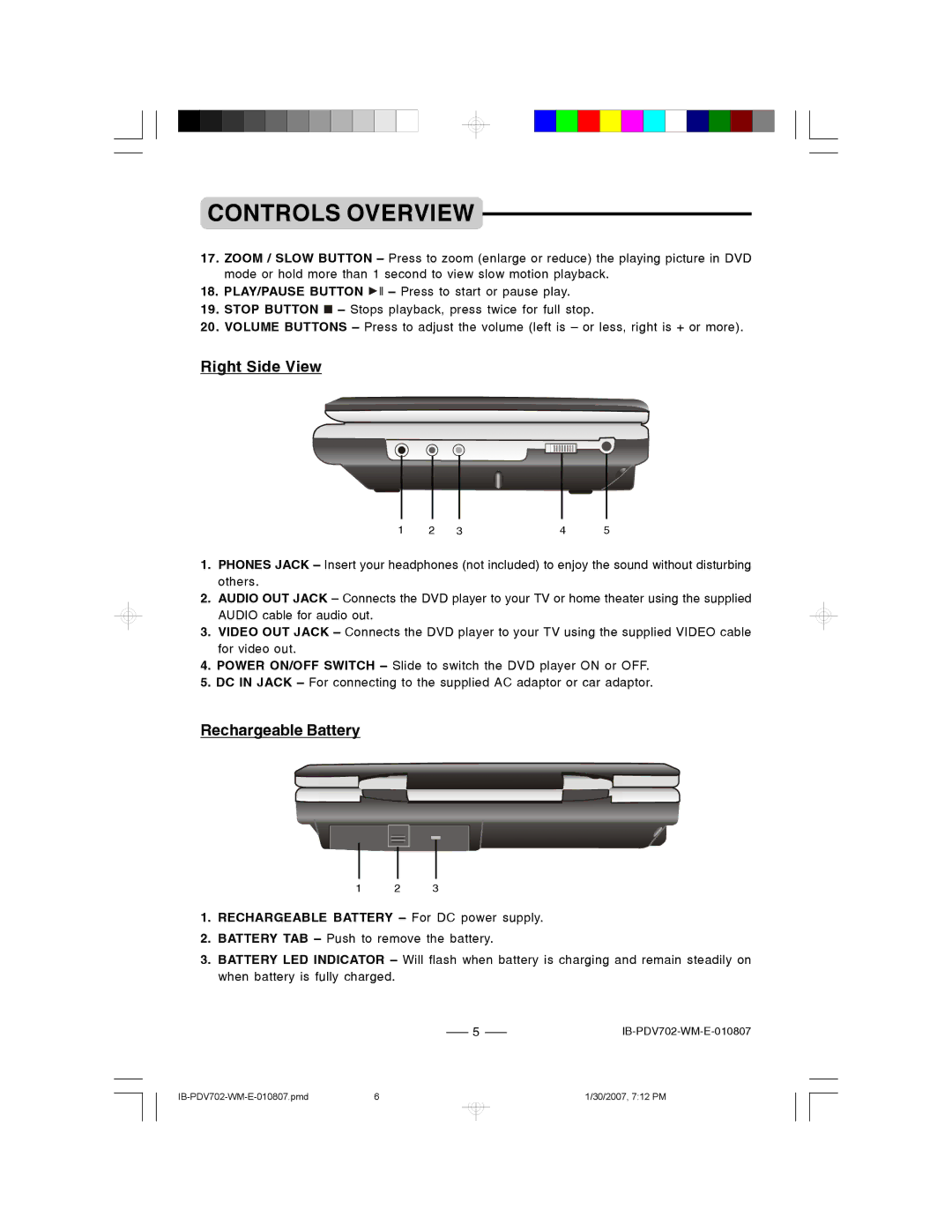 Lenoxx Electronics PDV-702 instruction manual Right Side View, Rechargeable Battery For DC power supply 