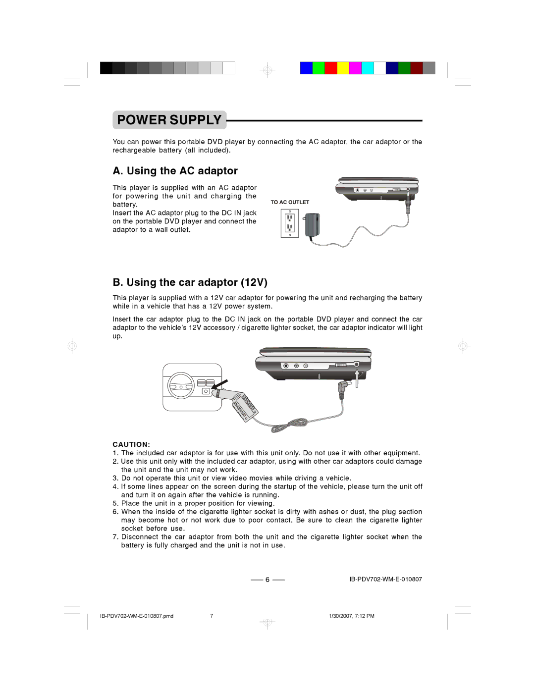 Lenoxx Electronics PDV-702 instruction manual Power Supply, Using the AC adaptor, Using the car adaptor 