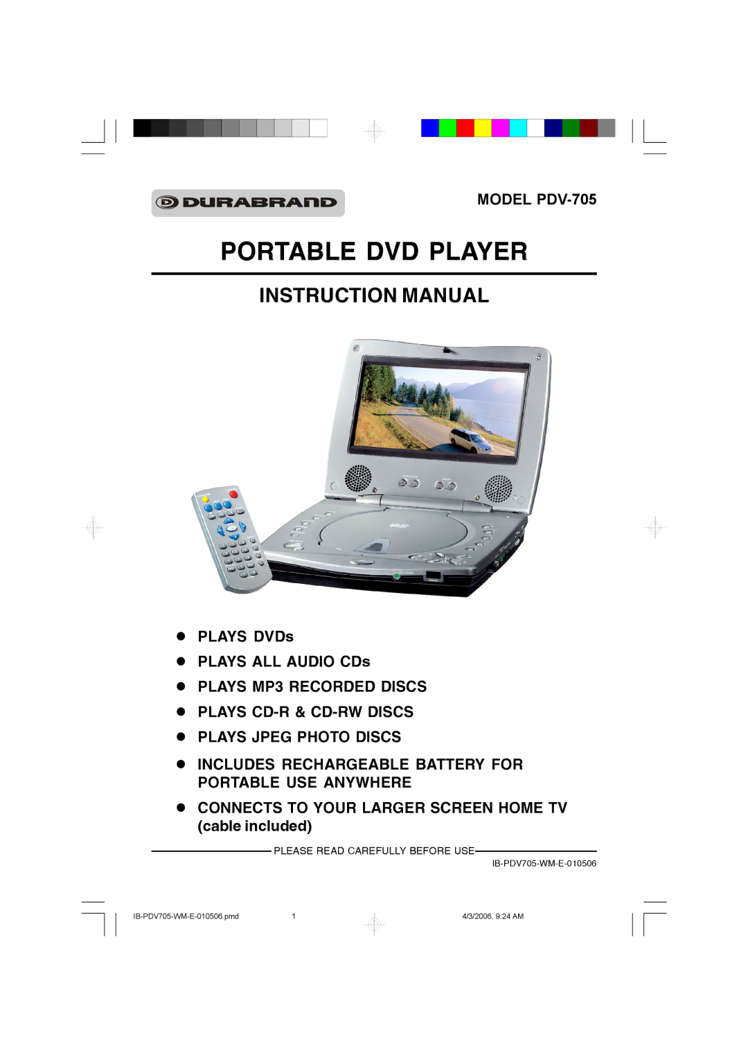 Lenoxx Electronics PDV-705 instruction manual Portable DVD Player 