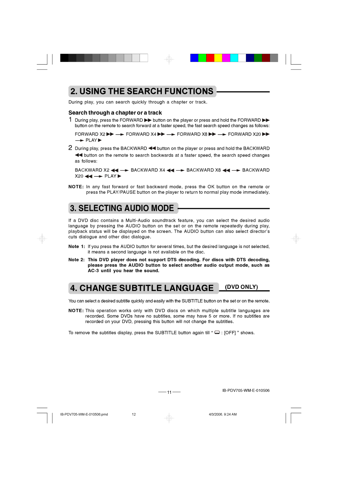 Lenoxx Electronics PDV-705 Using the Search Functions, Selecting Audio Mode, Change Subtitle Language DVD only 