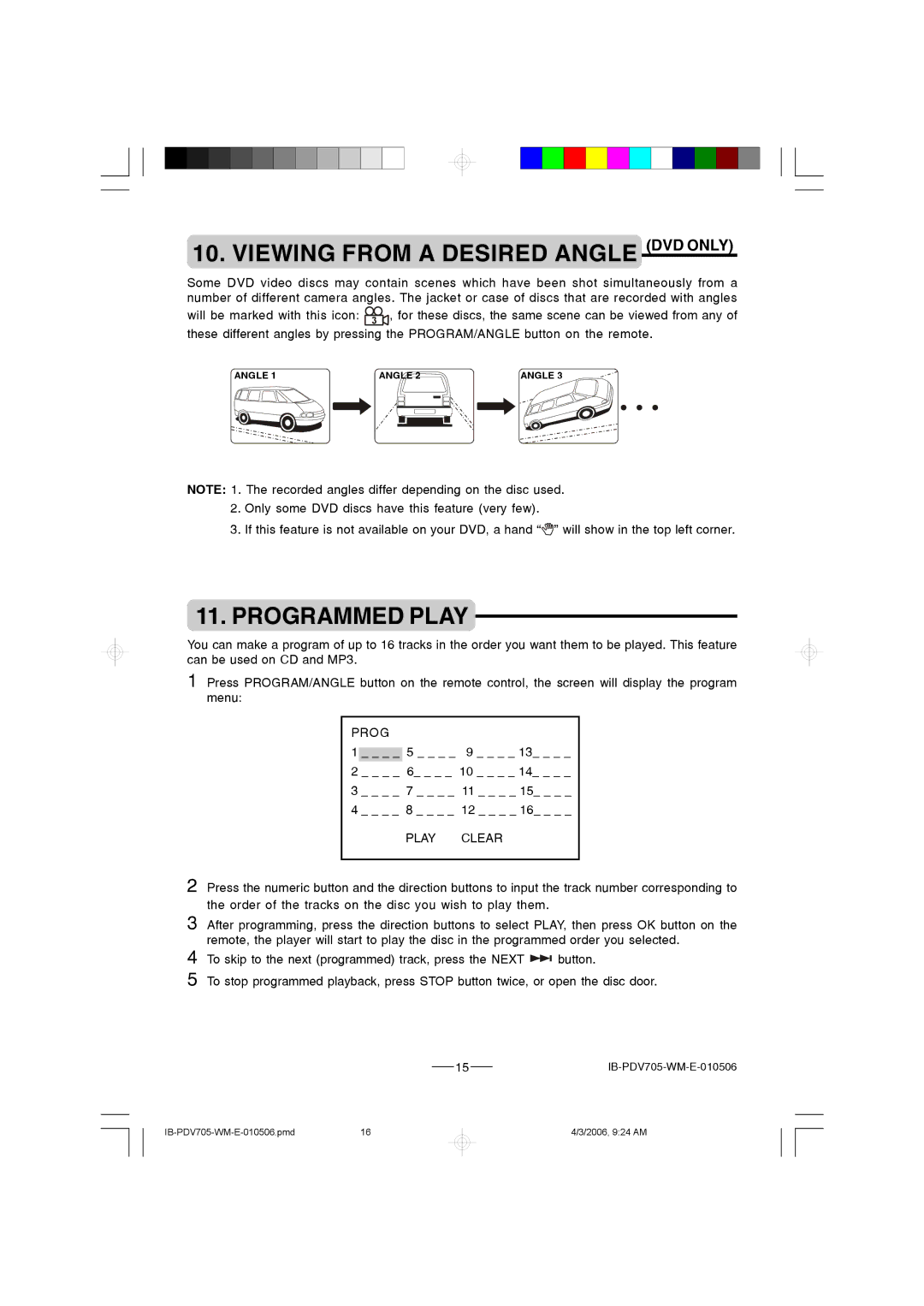 Lenoxx Electronics PDV-705 instruction manual Viewing from a Desired Angle DVD only, Programmed Play 