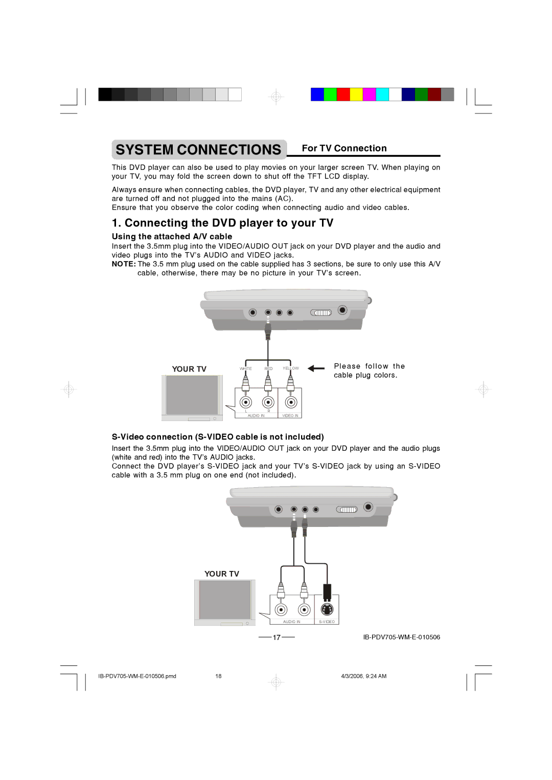 Lenoxx Electronics PDV-705 instruction manual Using the attached A/V cable, Video connection S-VIDEO cable is not included 